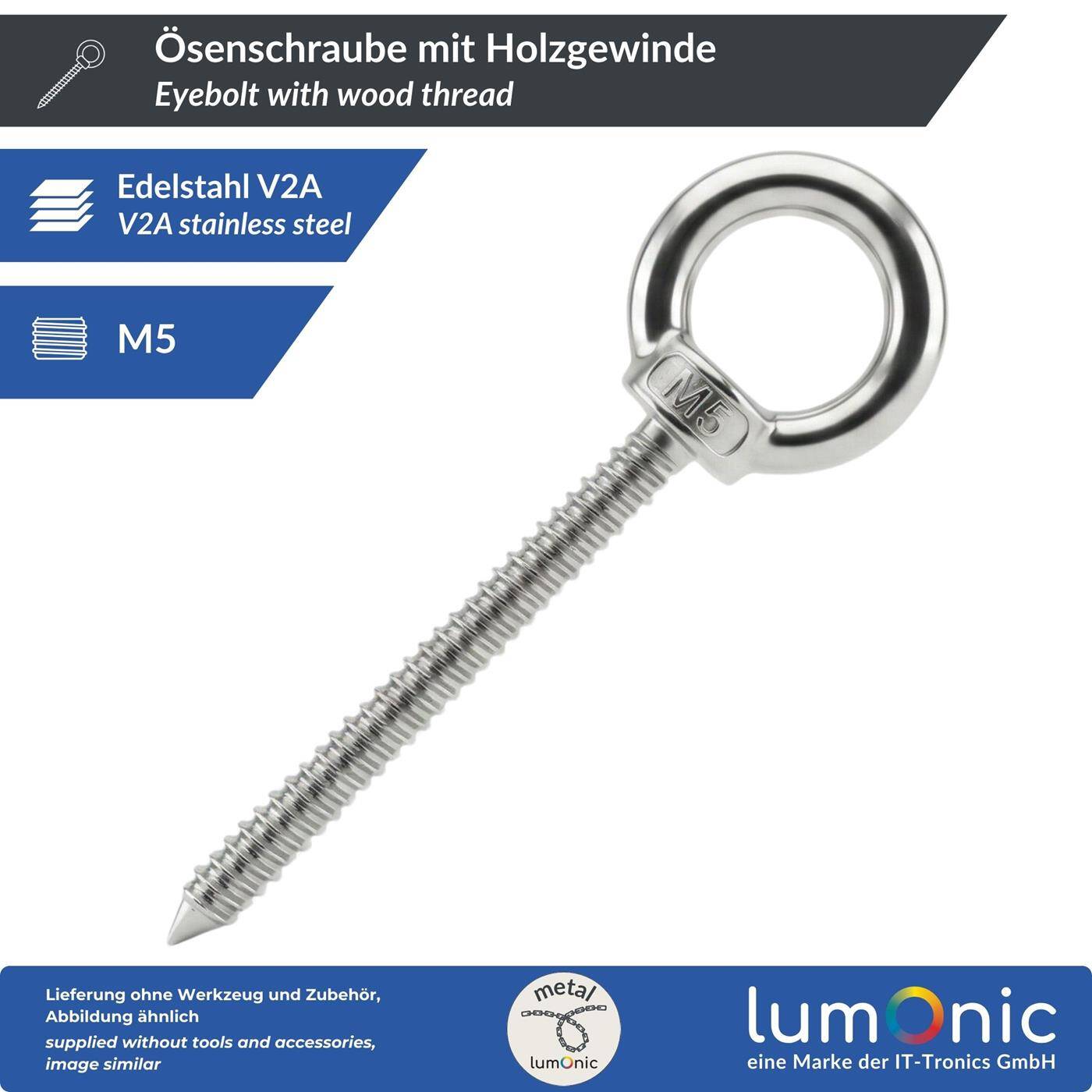 Eye bolt V2A stainless steel with wood thread M5x50mm  Attachment to beams/wooden posts Eyebolt for awning hammock swing + chains