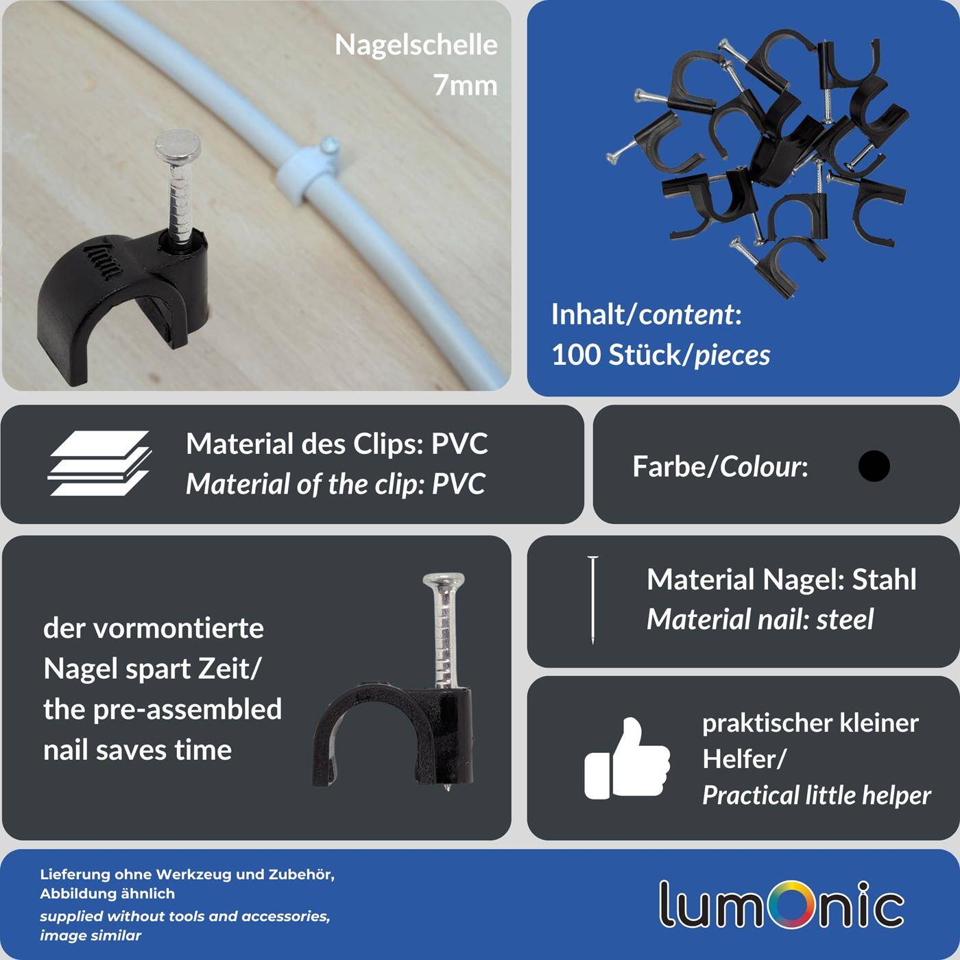 100x Nagelschelle 7mm für Kabel schwarz Kabelschelle mit Nagel Kabelklemme