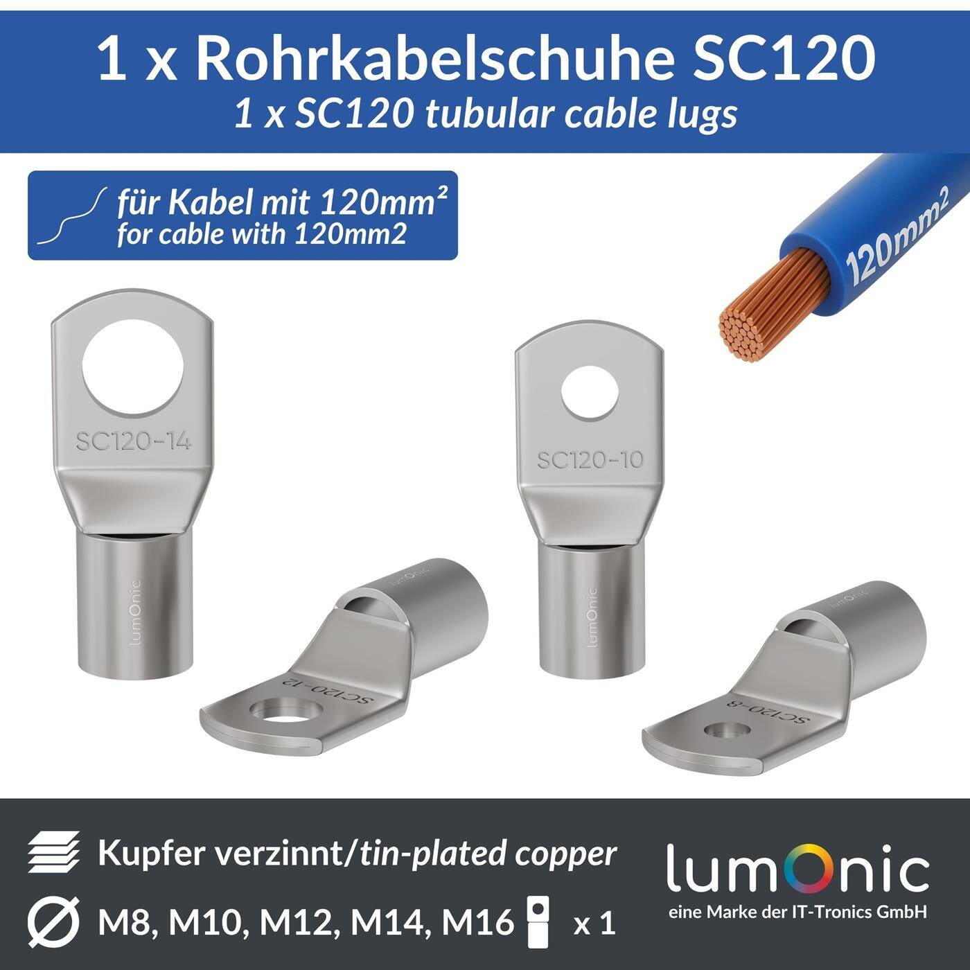 Lumonic 1x Rohrkabelschuh 120mm² blank | M8 | Kupfer verzinnt | Kabelverbindung ohne Löten | SC120-8, Crimp-Kabelschuh, Quetschverbinder | KFZ, Maschinenbau, Wohnmobil, Batterie