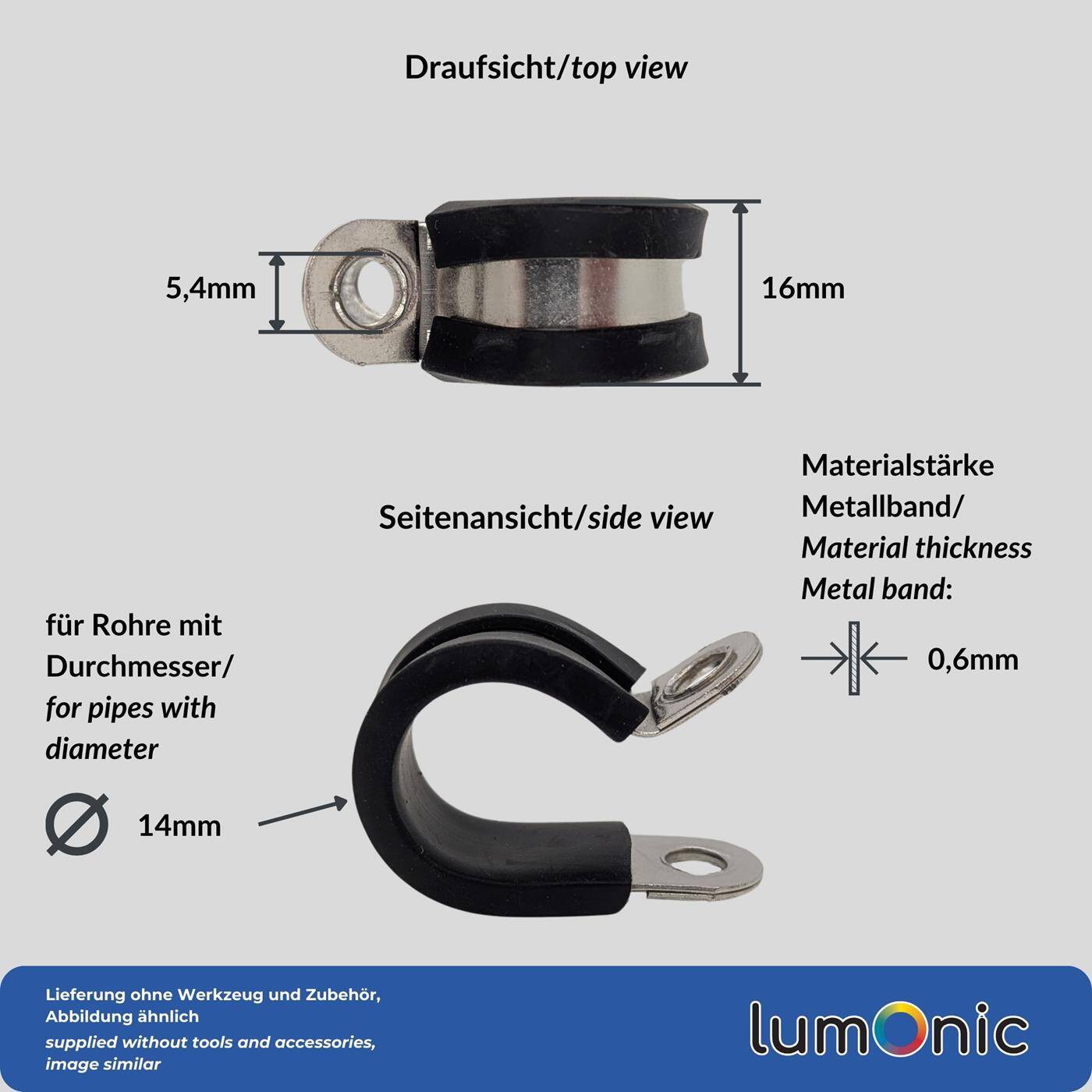 5x P-Clip Leitungsschelle Edelstahl V2A mit Gummi 14mm Rohrschelle Befestigungsschelle