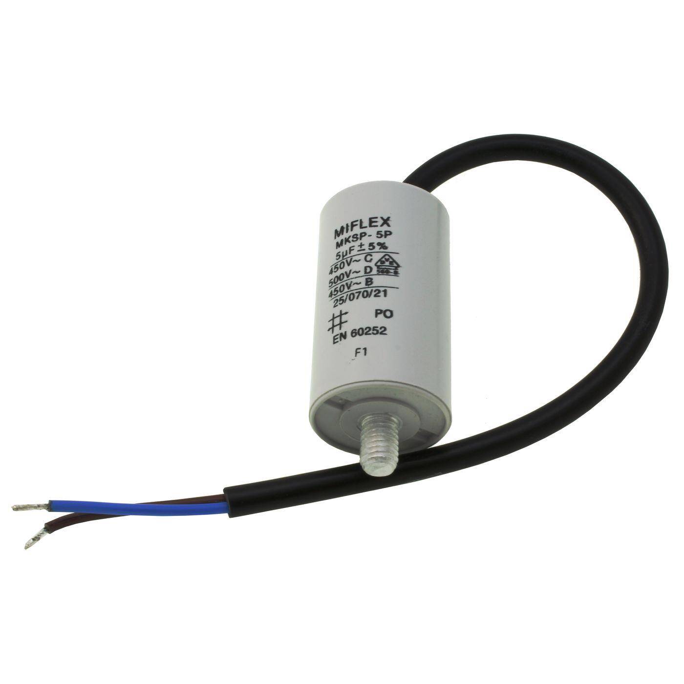 Anlaufkondensator Motorkondensator 5µF 450V 30x53mm Kabel  Miflex 5uF