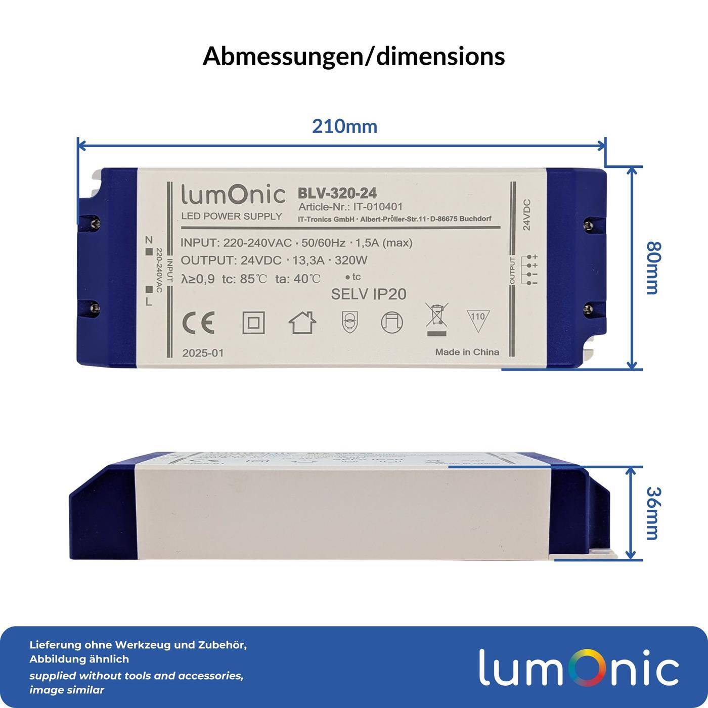 Lumonic I LED transformer BLV-320-24 I 24V 320W I Input 220-230VAC I flicker-free I Overload protection I LED power supply unit I for LED lighting