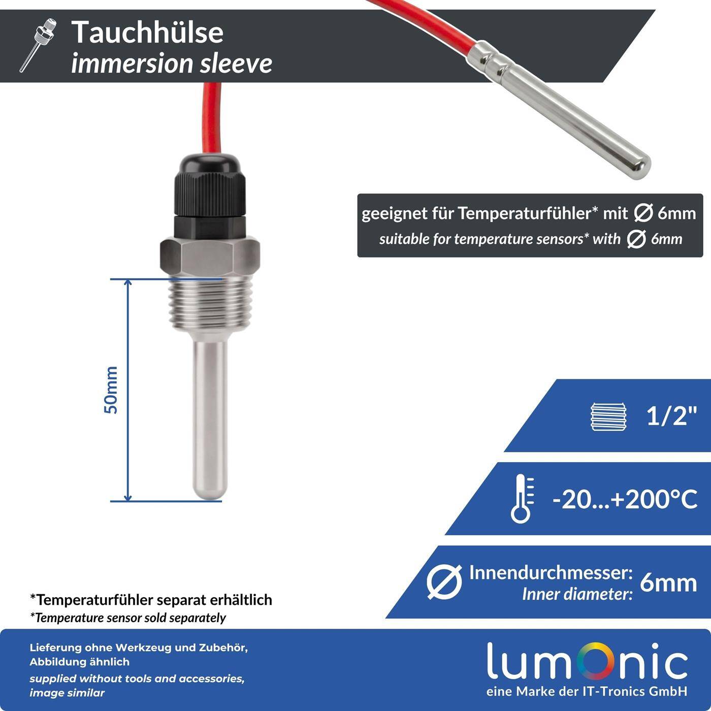 Lumonic Set of 2 immersion sleeves V2A stainless steel 1/2 inch | 50mm Installation length | Perfect fit for 6mm temperature sensors | for buffer storage, heating, solar + smart home