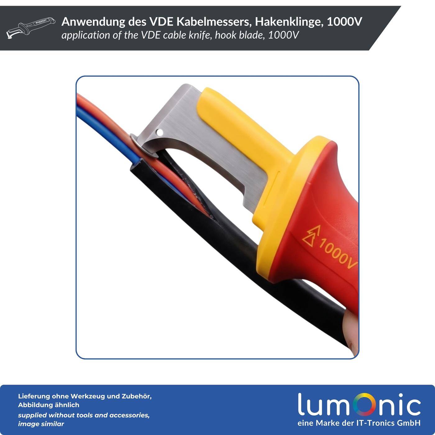 Lumonic VDE Cable Cutter 1000V, hook-shaped blade with guide shoe—guide shoe protects the wire insulation, 5Cr13 blade steel, protective cap included