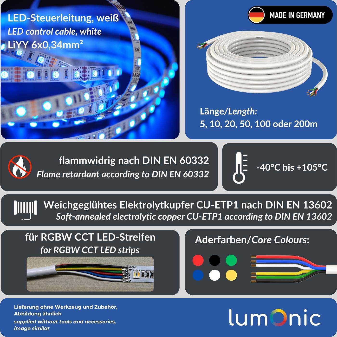 1m RGBW CCT LED Steuerleitung 6x 0,34mm² LiYY Verlängerung 6 adrig Stromkabel Weiß
