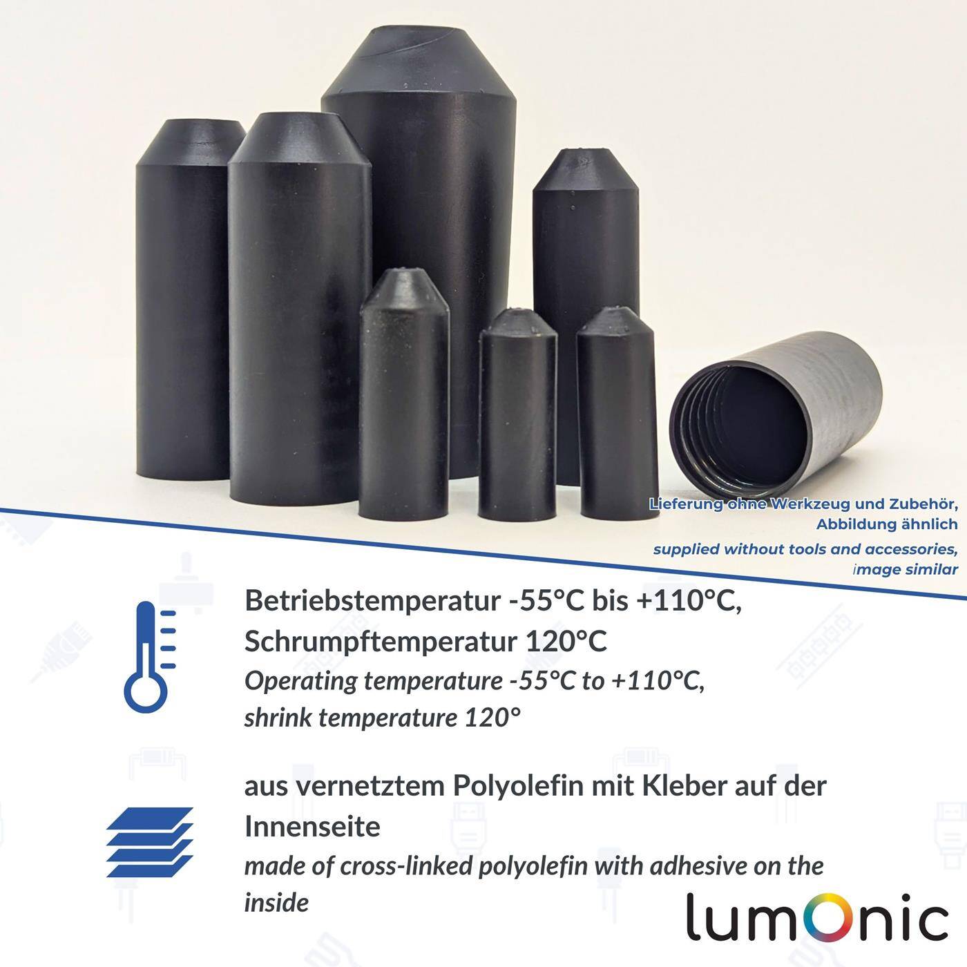 Warmschrumpf Endkappe mit Kleber 35 -> 15mm schwarz Verhältnis 3:1 vernetztes Polyolefin Schrumpfkappe für Kabel, Rohre und Seile