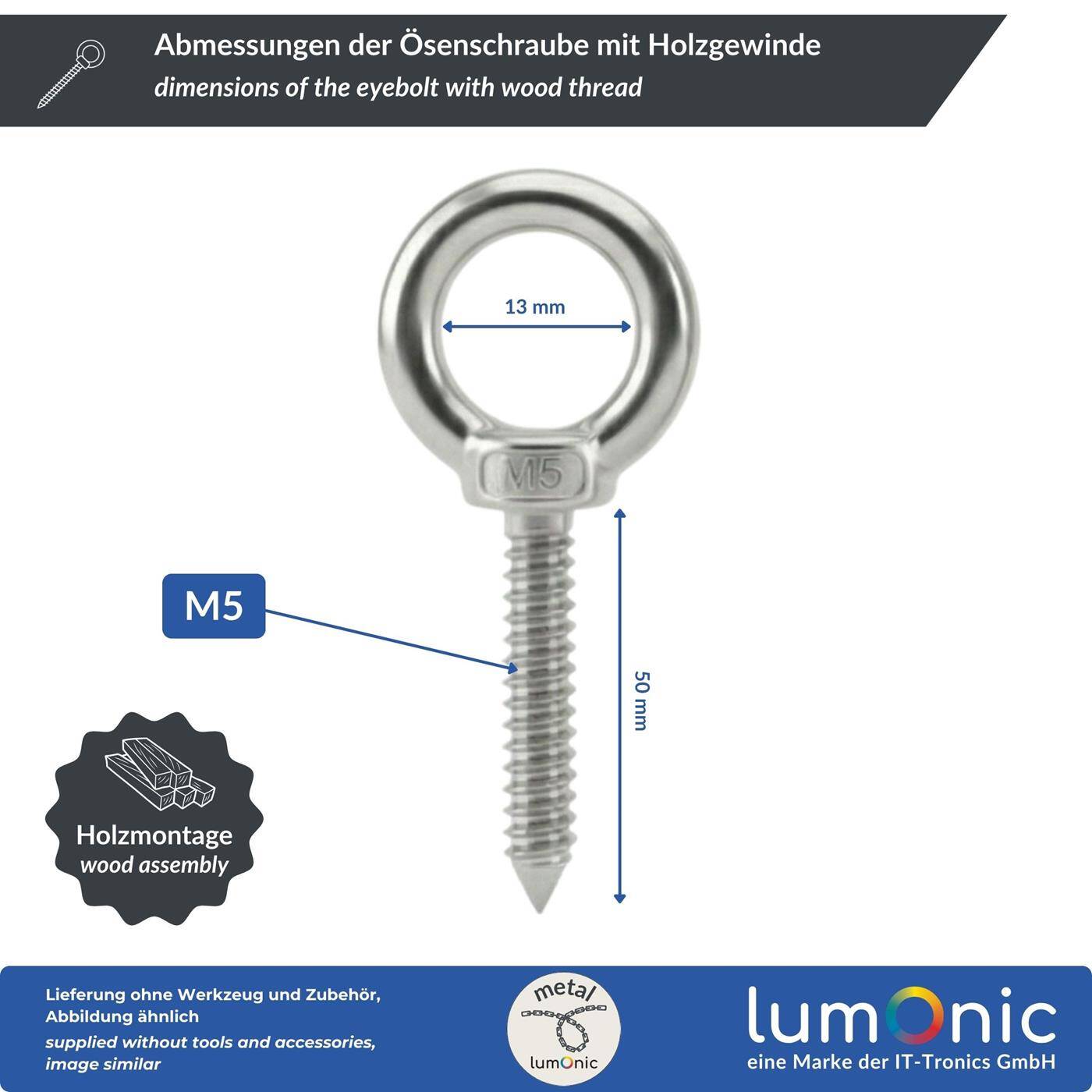 Lumonic Eye bolt V2A stainless steel with wood thread | M5x50mm |  | Attachment to beams/wooden posts | Eyebolt for awning, hammock, swing + chains