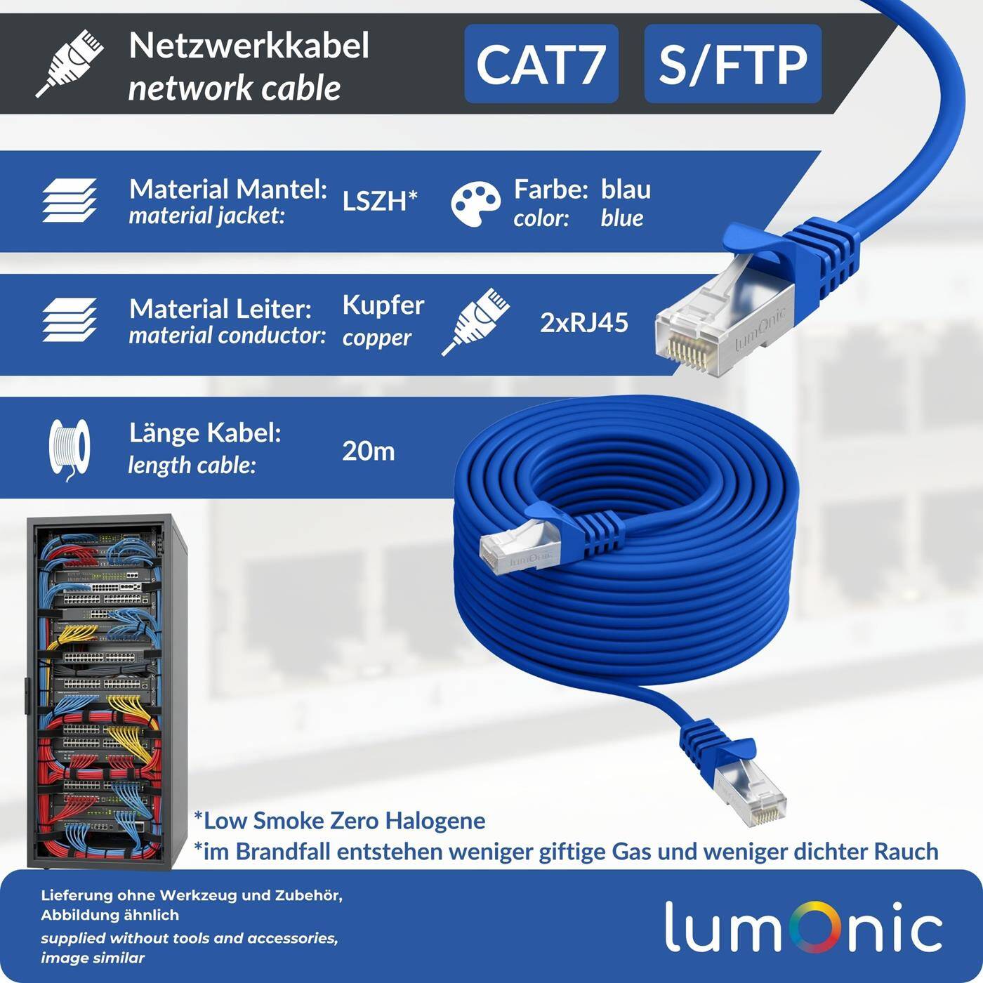 20m CAT7 Patchkabel S/FTP RJ45 Blau Ethernet LAN Netzwerkkabel