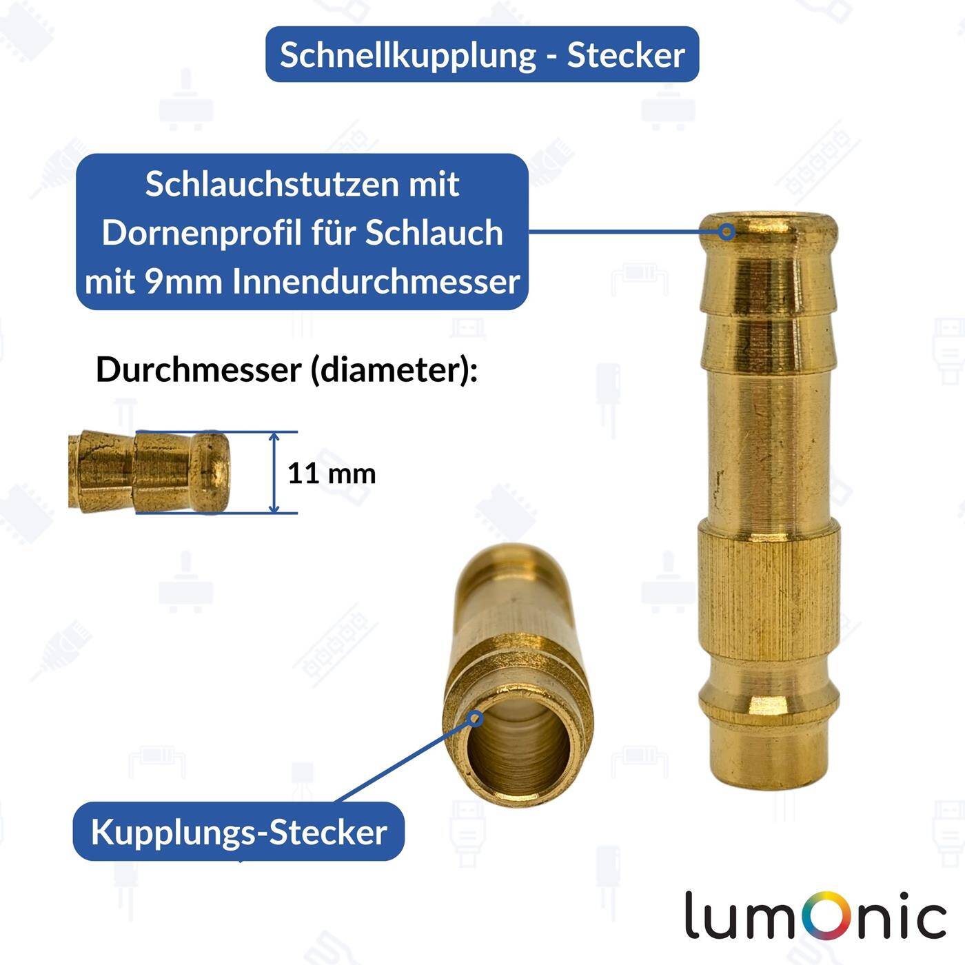 Kupplungsstecker mit Schlauchstutzen für 9mm Schlauch aus Messing Druckluftkupplung-Stecker Schnellkupplung für Werkstätten, Betriebe und Heimwerker