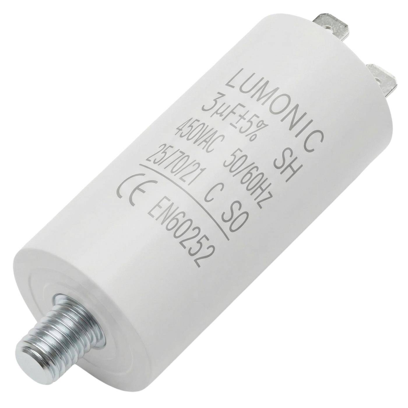 Lumonic Anlaufkondensator 3µF 450V | mit Stecker I 26x55mm I 3uF I Motorkondensator mit Kunststoffgehäuse I Betriebskondensator I für Pumpen, Rasenmäher, Werkzeuge