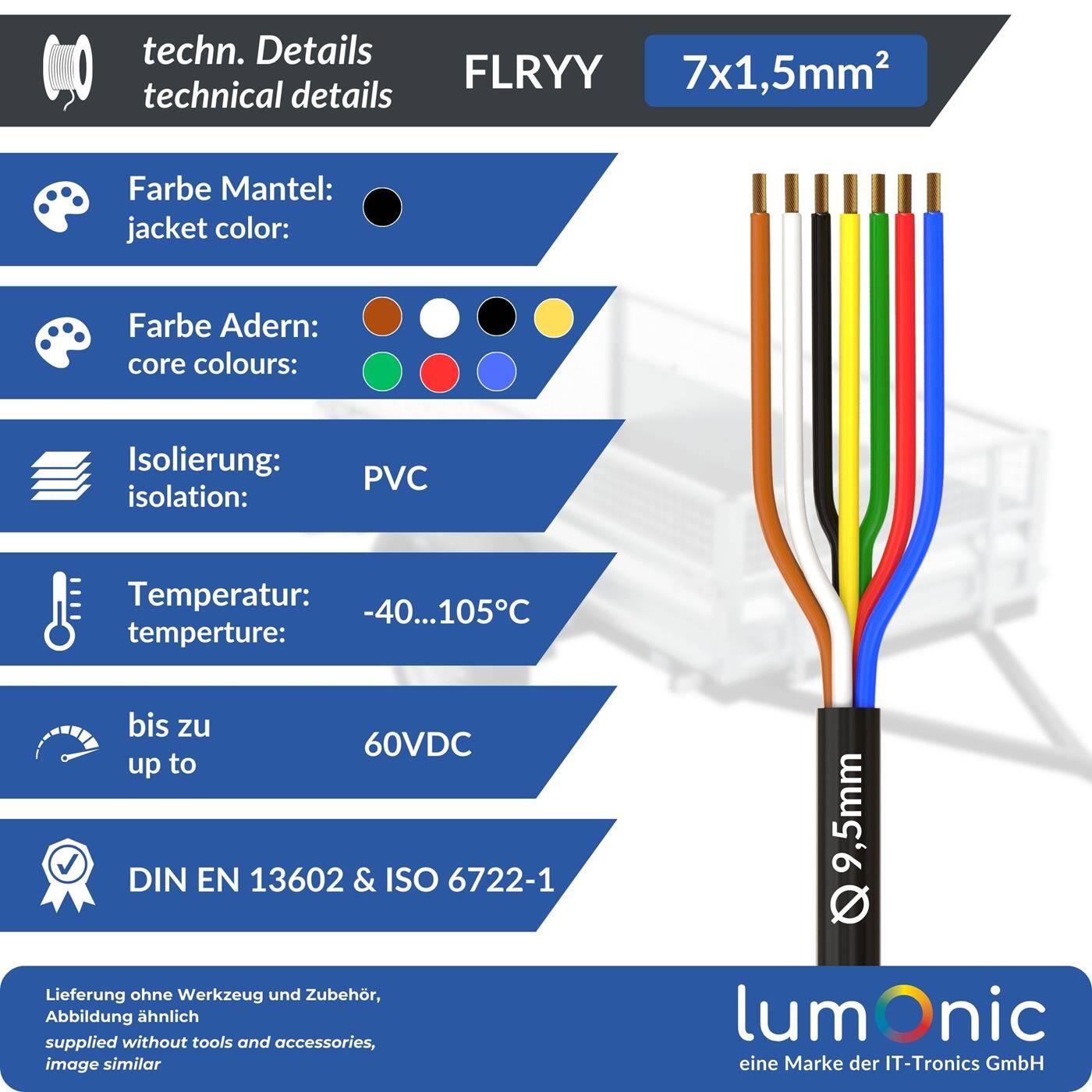 Lumonic 1m FLRYY Vehicle cable 7x1,5mm² black | 7-core | Trailer cable | Multi-core automotive cable | Oil and fuel-resistant, flame-retardant | Low voltage