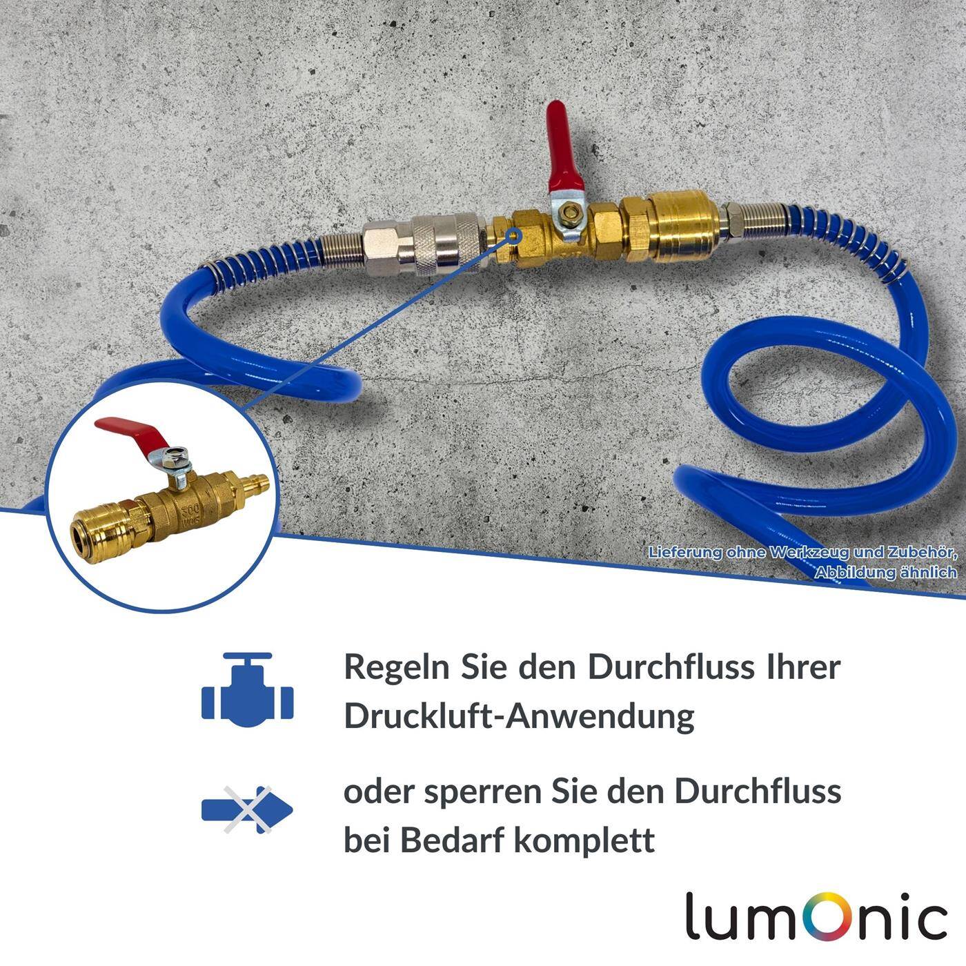 Lumonic I Kugelhahn 1/2 Zoll mit Schnellkupplung und Stecker I korrosionsbeständiges Messing I Absperrhahn I für Druckluft I Werkstatt