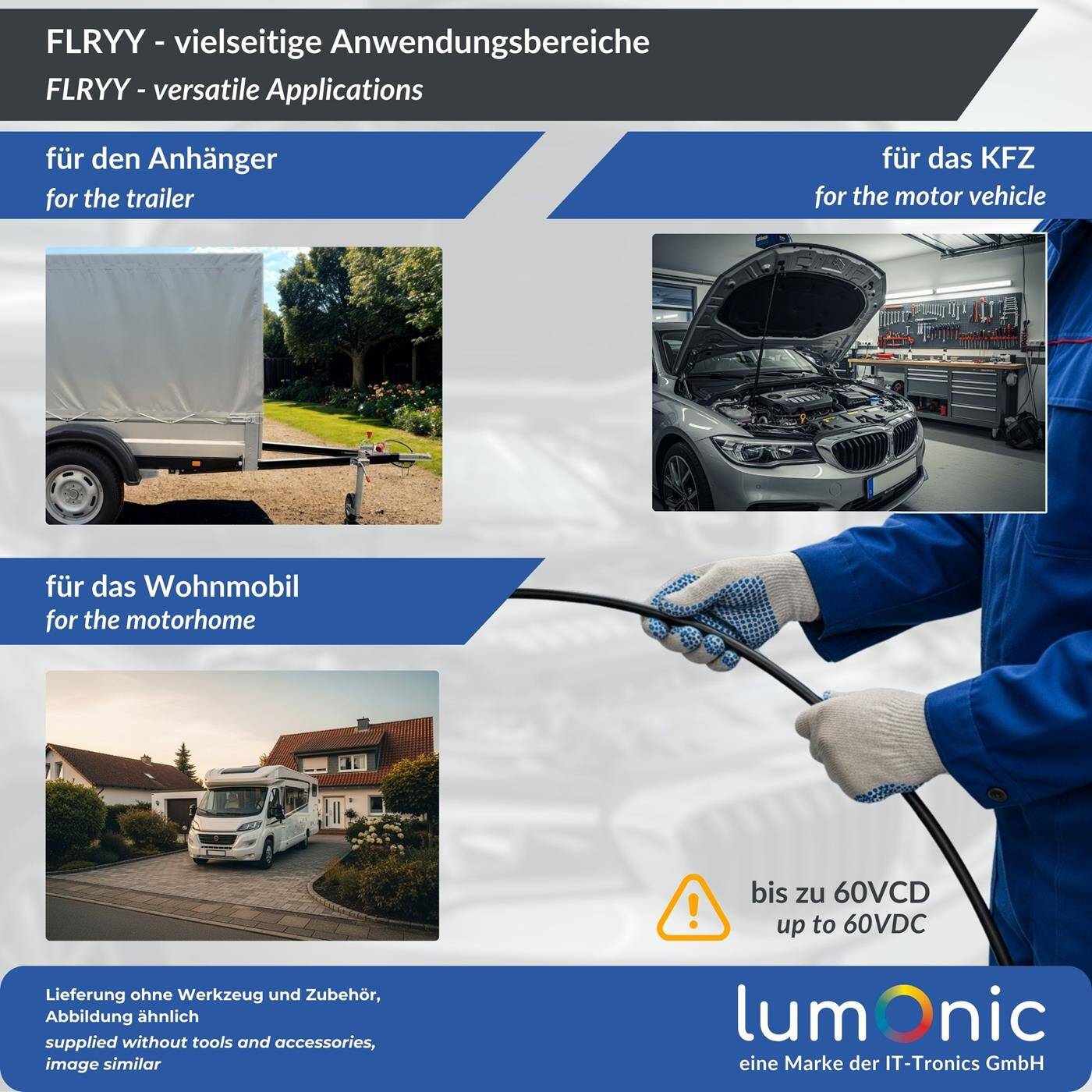 Lumonic 1m FLRYY Fahrzeugleitung 2x0,75mm² schwarz | 2-adrig | Anhängerkabel | mehradriges KFZ-Kabel | Öl- und Kraftstoffbeständig, flammwidrig | Niedervolt