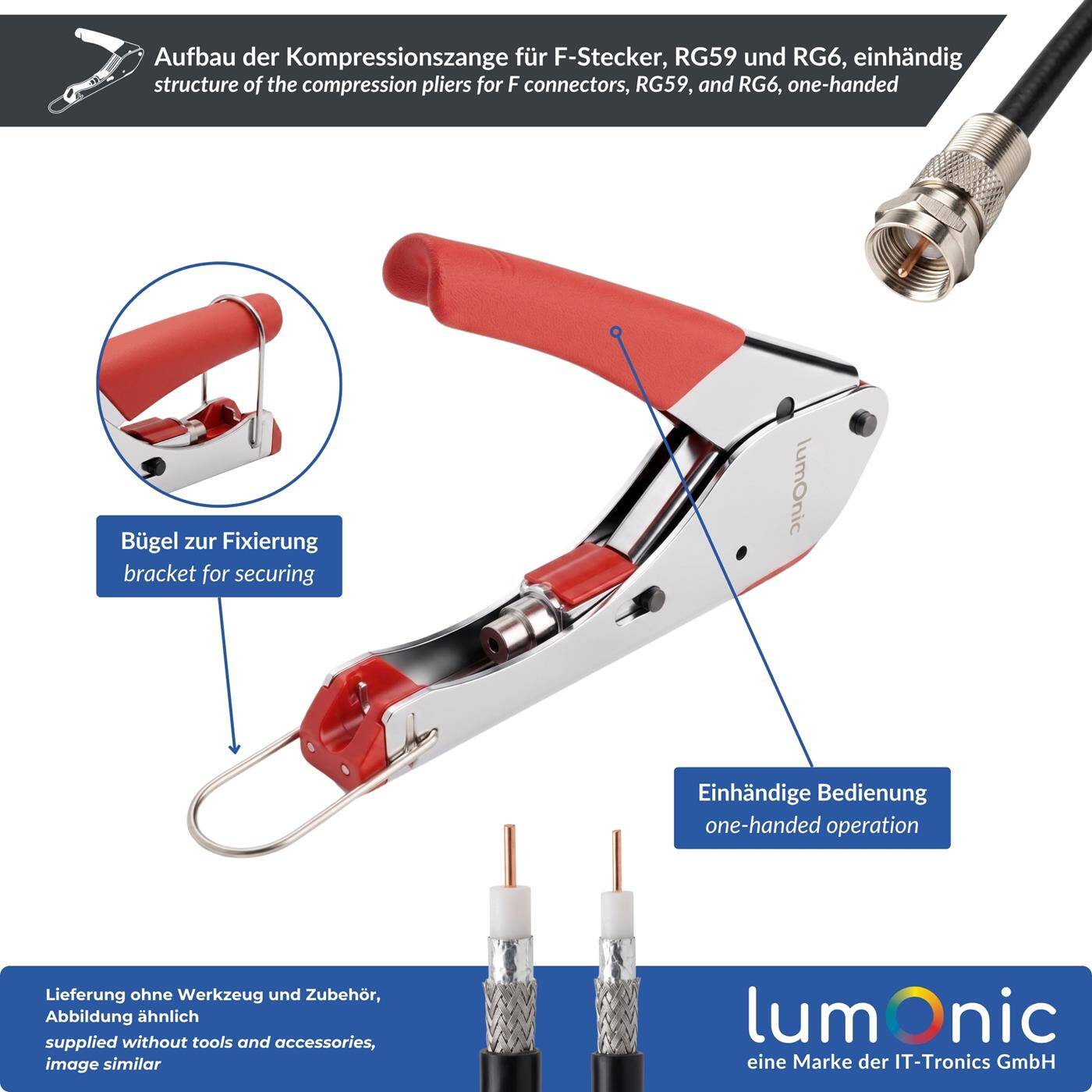 Lumonic Compression pliers for F connectors, RG59, and RG6, one-handed use—locking lever, for RG59 and RG6, axial compression, metal, coaxial connectors for satellite systems and antenna jacks