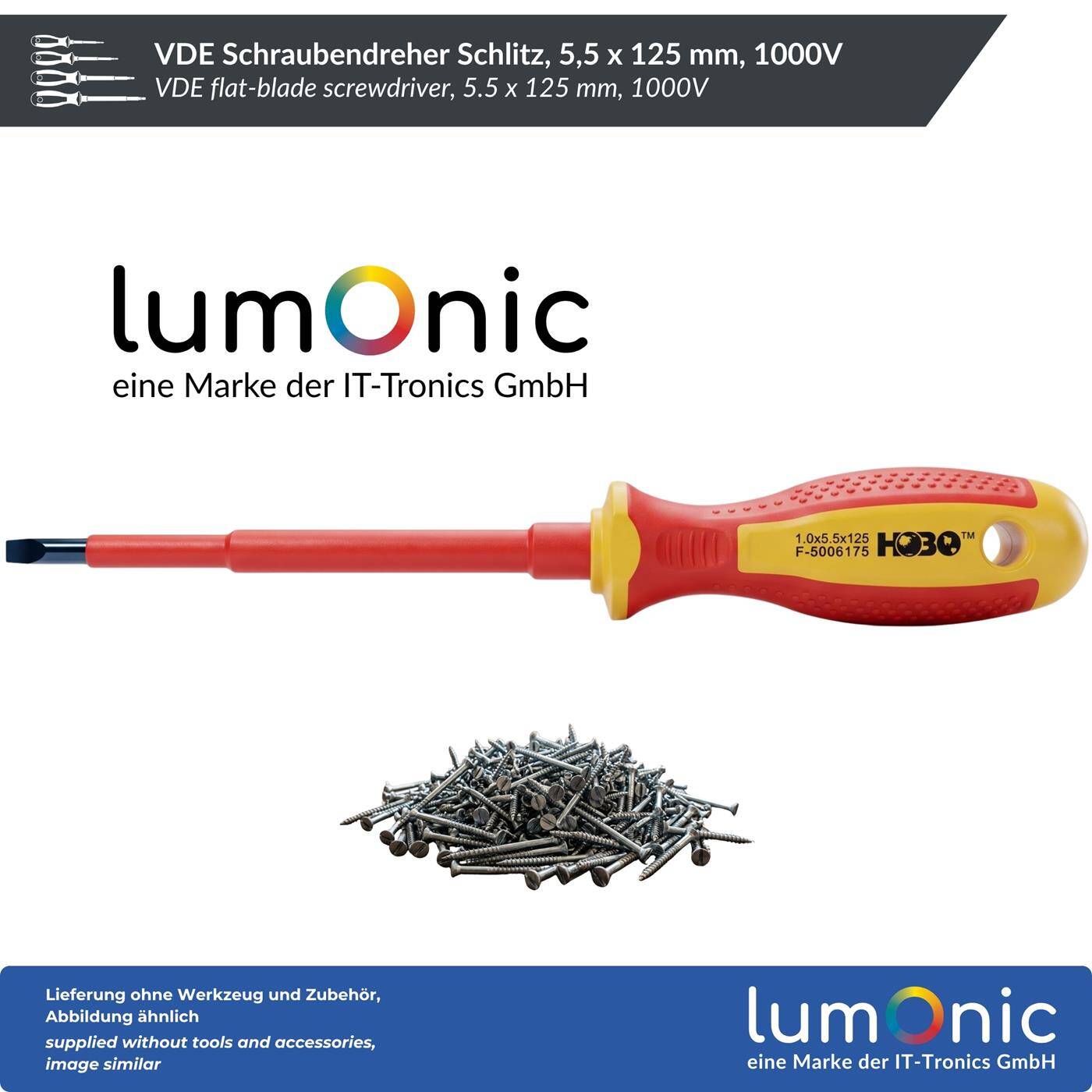 Lumonic VDE Flat-Blade Screwdriver, 5.5 x 125 mm, 1000 V — S2 steel, burnished, magnetic tip, two-component handle, for terminals, switches, and control cabinets