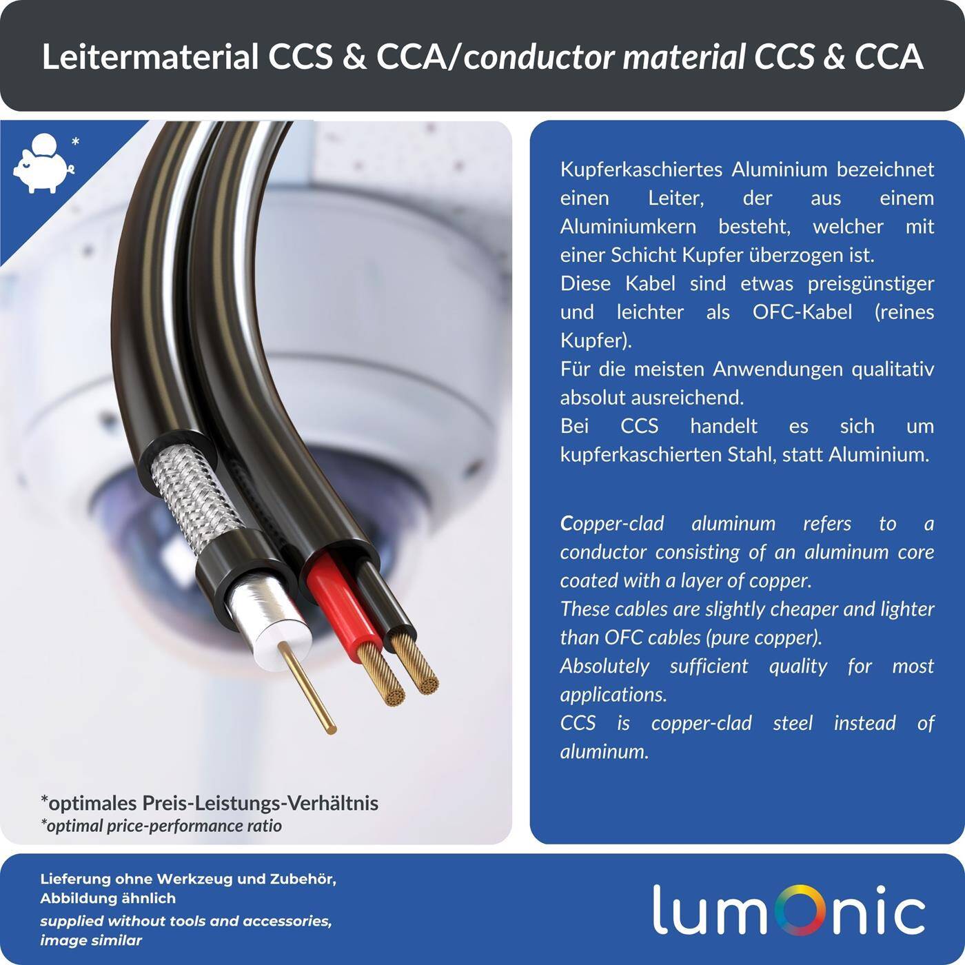 Lumonic RG59 RG59 Coaxial cable + Power line 100m | CCTV surveillance cable with power | 75 Ohm combination cable, Double shielded, 90dB Attenuation,  Video + Electricity