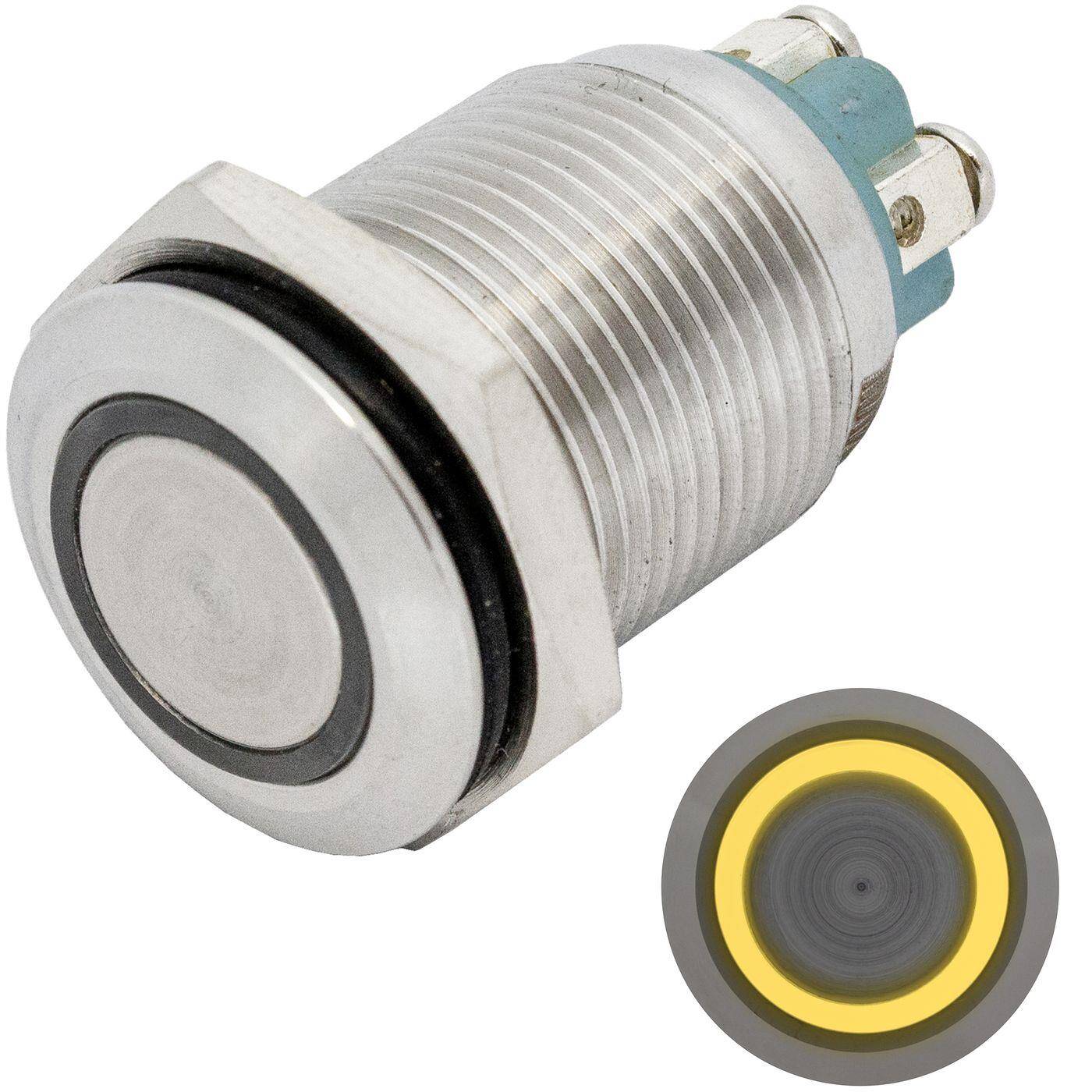 Lumonic Edelstahl Drucktaster flach 16mm Durchmesser I Mit einer Ring LED in Gelb Maße: Schraubanschluss 250V 3A I Vandalismussicher nach dem IP65 Standard