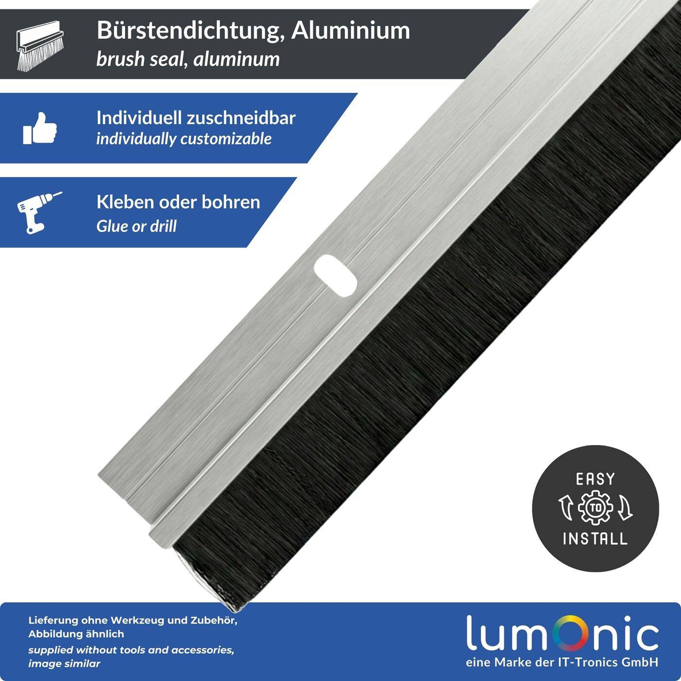 Lumonic 1m Bürstendichtung 20mm | Alu Profil silber | Spart Heizkosten | Verschraubbar + Zuschneidbar | Türbodendichtung als Zugluftstopper, Kälteschutz, Insektenschutz für Türen