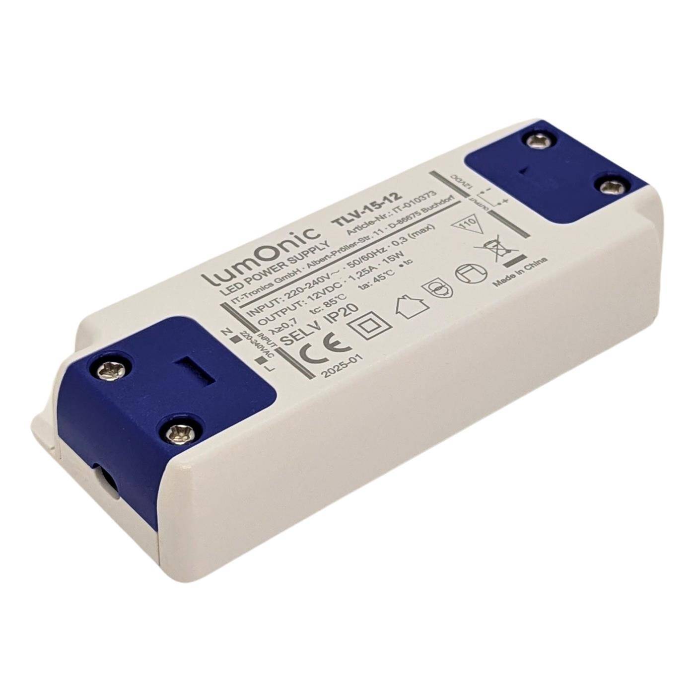 Lumonic I LED Trafo TLV-15-12 I 12V 15W I Input 220-240VAC I flimmerfrei & ultradünn I Überlastschutz I LED-Netzteil I für LED-Beleuchtung & LED-Streifen