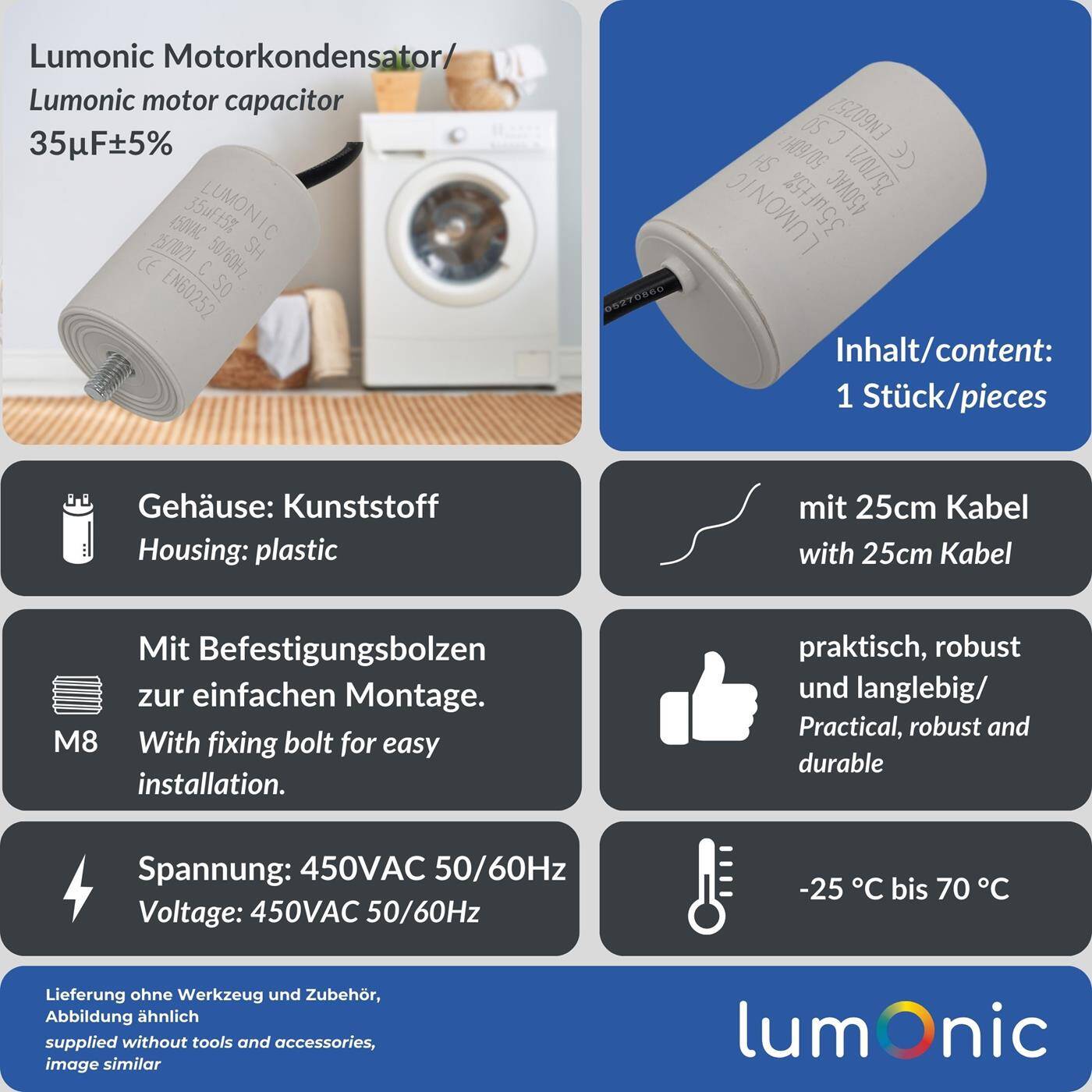 Lumonic Anlaufkondensator 35µF 450V | mit Kabel I 45x75mm I 35uF I Motorkondensator mit Kunststoffgehäuse I Betriebskondensator I für Pumpen, Rasenmäher, Werkzeuge