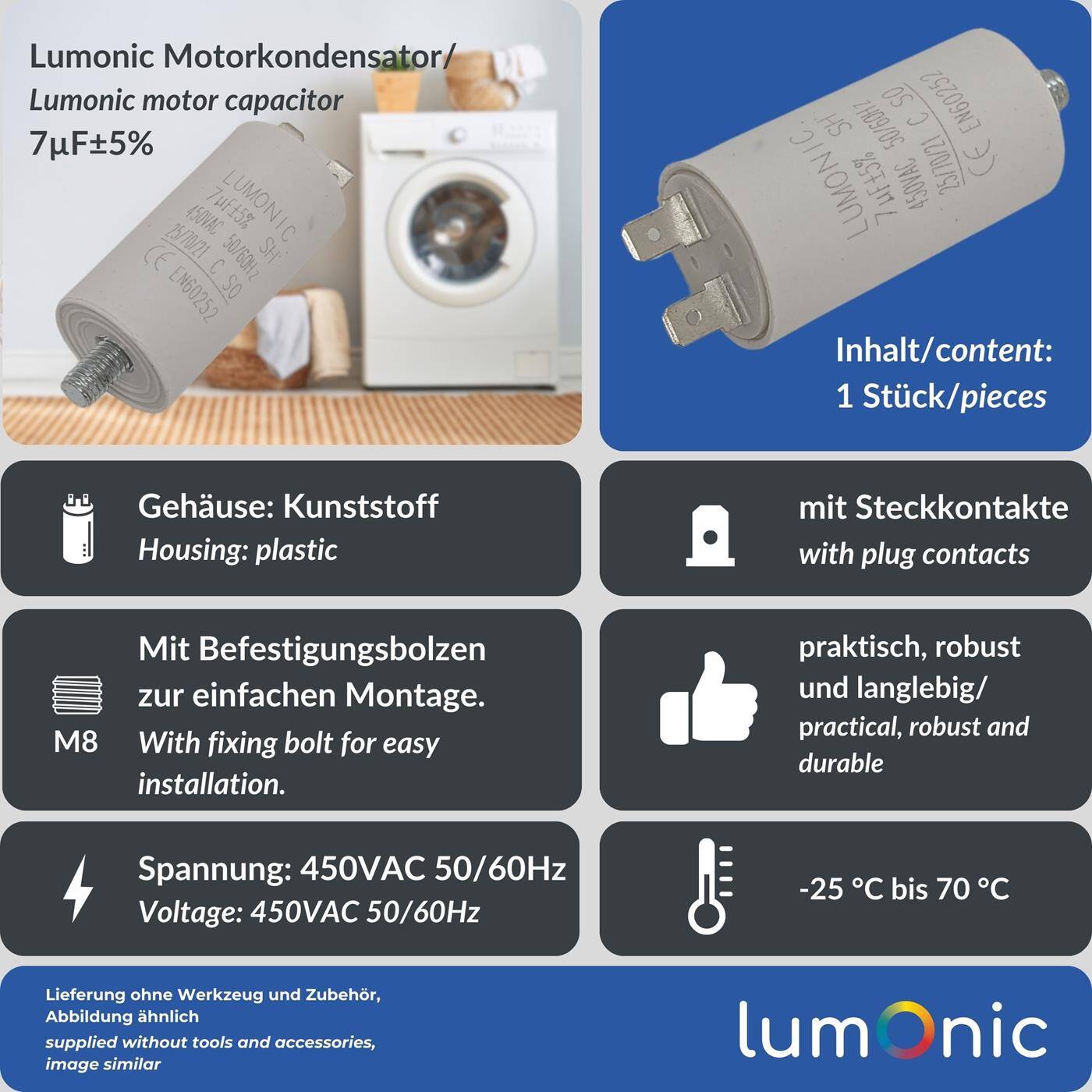 Lumonic Anlaufkondensator 7µF 450V | mit Stecker I 30x60mm I 7uF I Motorkondensator mit Kunststoffgehäuse I Betriebskondensator I für Pumpen, Rasenmäher, Werkzeuge
