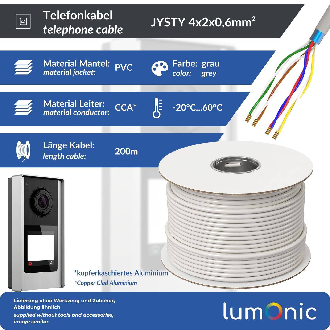 Lumonic Telefonkabel JYSTY grau auf Rolle | 4x2x0,6mm CCA | 200m | farbcodiert & geschirmt | Metermarkierung | Fernmeldekabel, Telefonanschlusskabel