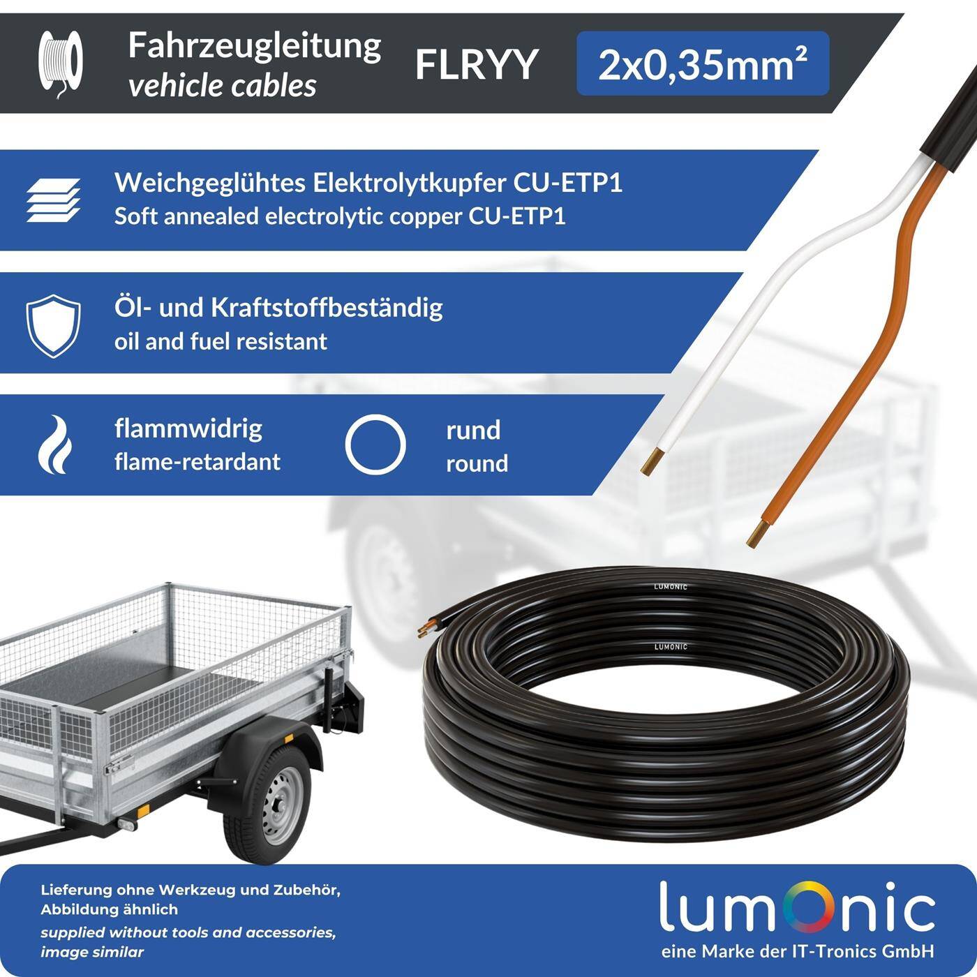 Lumonic 1m FLRYY Vehicle cable 2x0,35mm² black | 2-wire | Trailer cable | Multi-core automotive cable | Oil and fuel-resistant, flame-retardant | Low voltage