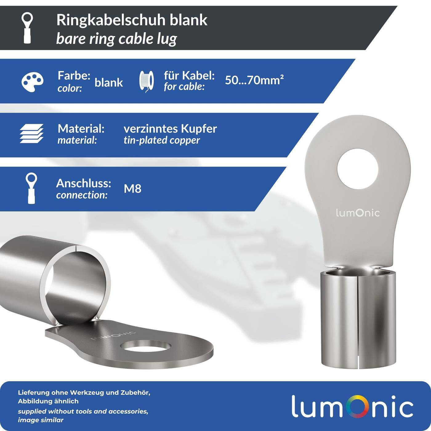 Lumonic 10x Ring cable lug 50-70mm² blank | M8 | Tinned copper | Secure cable connection without soldering | Crimp cable lug uninsulated | Motor vehicle, mechanical engineering, motorhome, battery