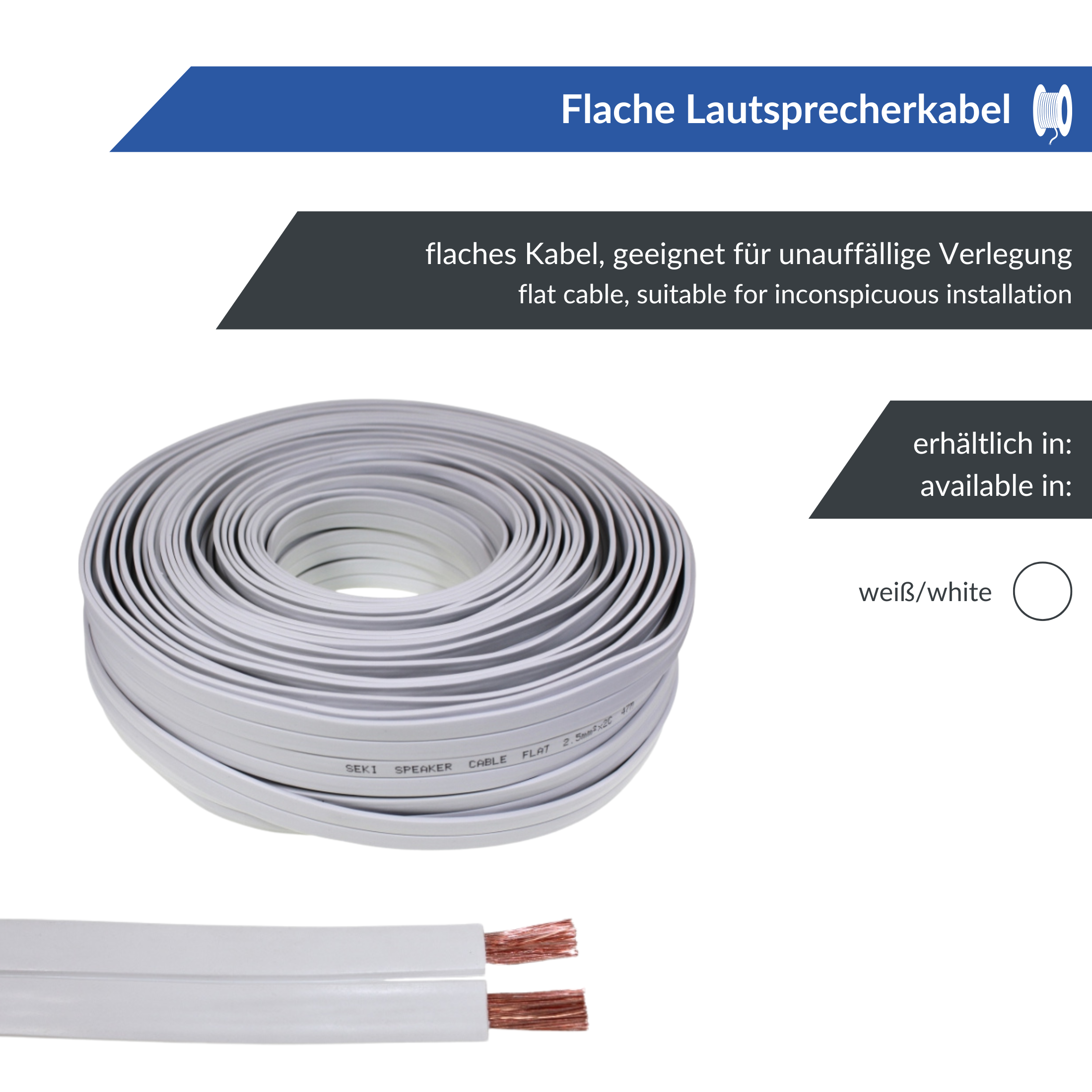 Es wird eine Rolle flaches weißes Lautsprecherkabel gezeigt, das sich ideal für diskrete Installationen eignet. Der Bildtext hebt das dezente Design hervor und auf dem oberen Banner steht „Flaches Lautsprecherkabel“, um die Eleganz dieses unverzichtbaren