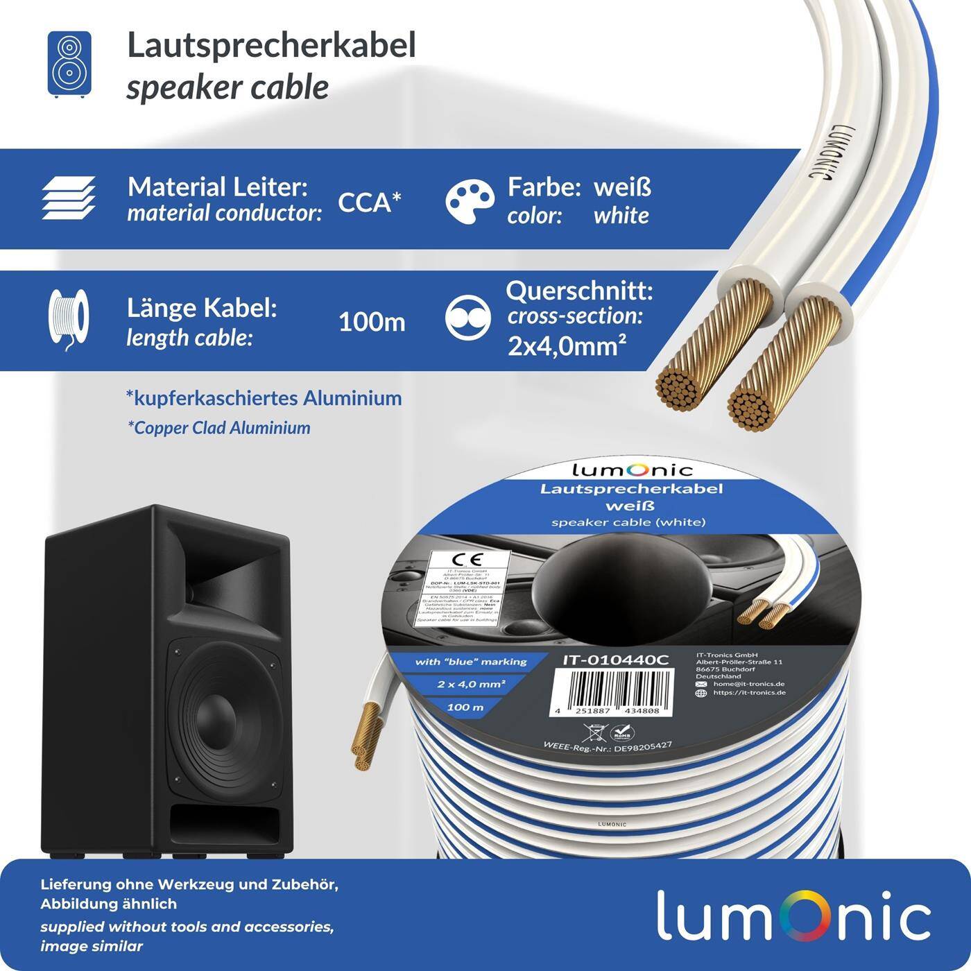 Lumonic Lautsprecherkabel | 100m Weiß | 2x 4mm² CCA | blaue Markierung HiFi Boxenkabel | Audio Zwillingsleitung