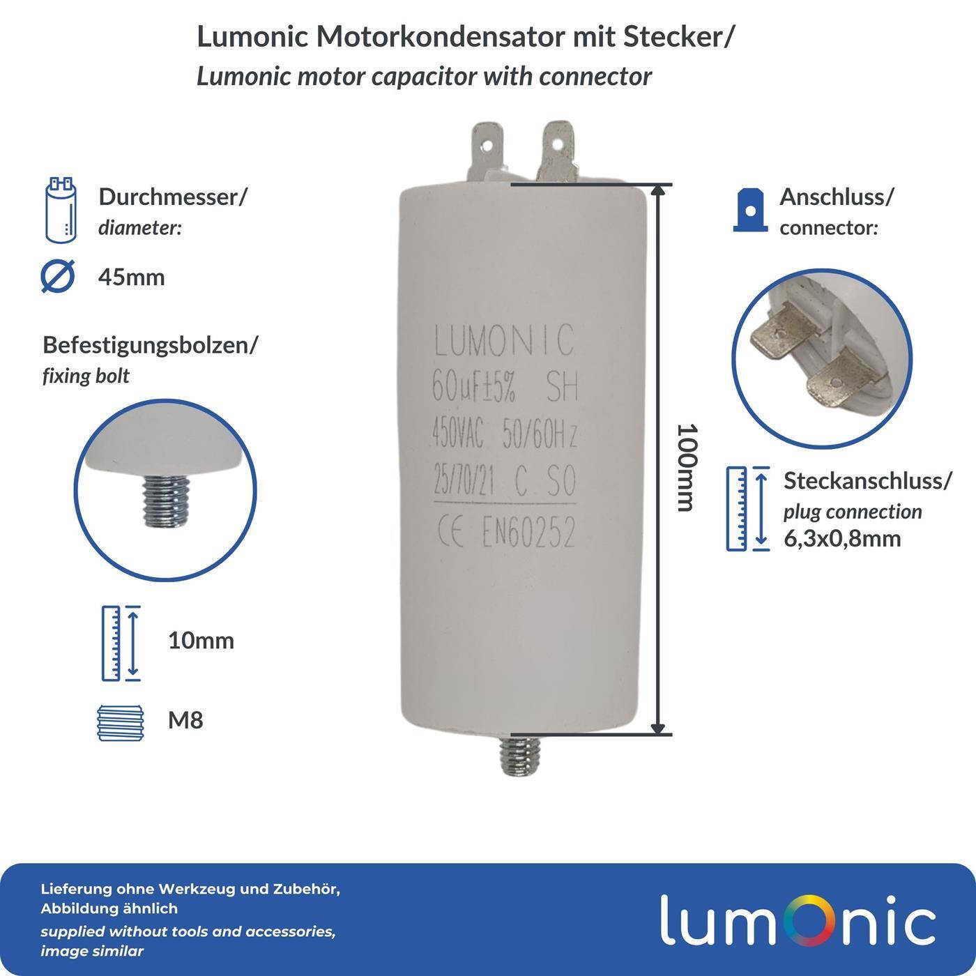 Lumonic Anlaufkondensator 60µF 450V | mit Stecker I 45x100mm I 60uF I Motorkondensator mit Kunststoffgehäuse I Betriebskondensator I für Pumpen, Rasenmäher, Werkzeuge