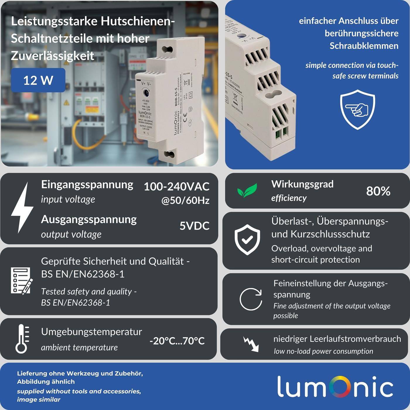 Lumonic I Netzteil Hutschiene BDR-15-5 I 5V / 12W I Input 100-240VAC I Überlastschutz & kurzschlussfest I DIN-Rail Schaltnetzteil I Schaltschrank & Verteilerkasten