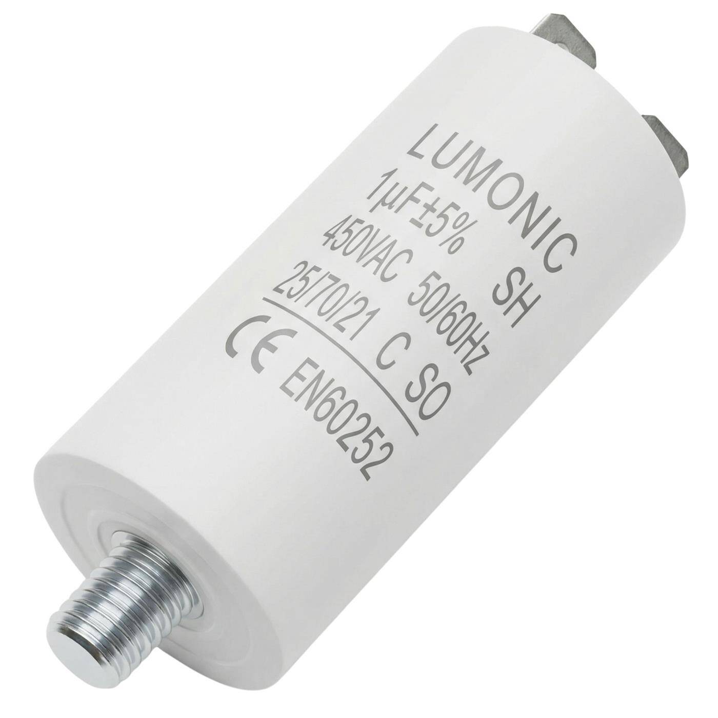 Lumonic Anlaufkondensator 1µF 450V | mit Stecker I 26x55mm I 1uF I Motorkondensator mit Kunststoffgehäuse I Betriebskondensator I für Pumpen, Rasenmäher, Werkzeuge