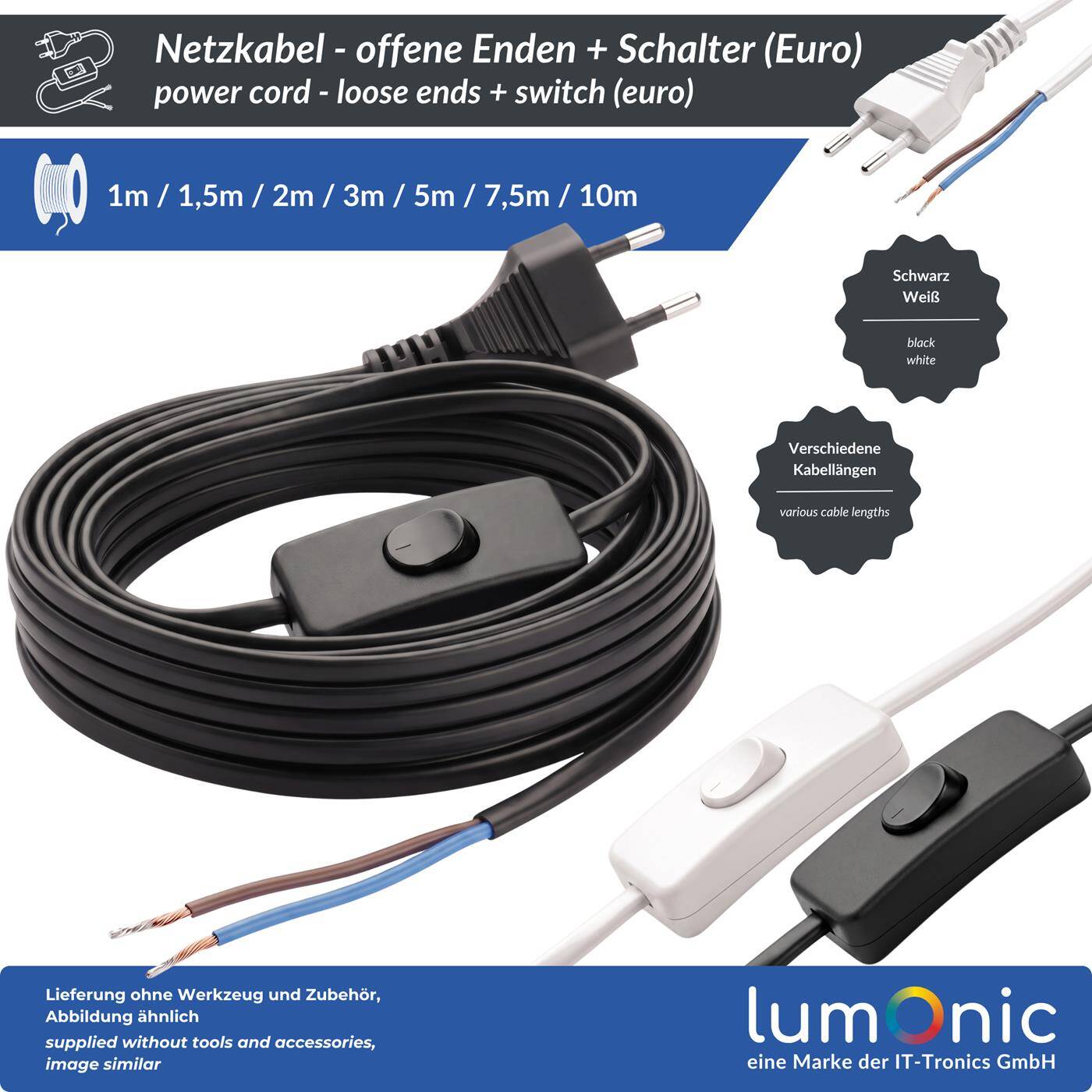 Lumonic Euro-Netzkabel mit Schalter und Offenen Enden, Weiß 2 m, 230 V - Schalter direkt am Kabel, macht Lampen und Deko bequem schaltbar, verzinnte offene Enden, Knickschutz am Eurostecker