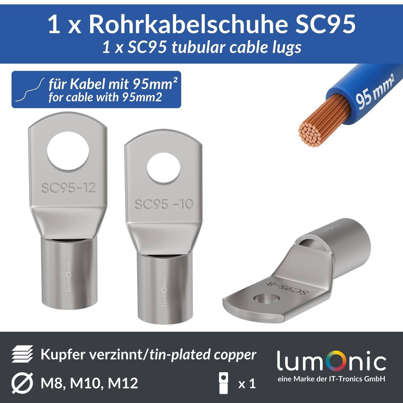Lumonic 1x Rohrkabelschuh 95mm² blank | M8 | Kupfer verzinnt | Kabelverbindung ohne Löten | SC95-8, Crimp-Kabelschuh, Quetschverbinder | KFZ, Maschinenbau, Wohnmobil, Batterie
