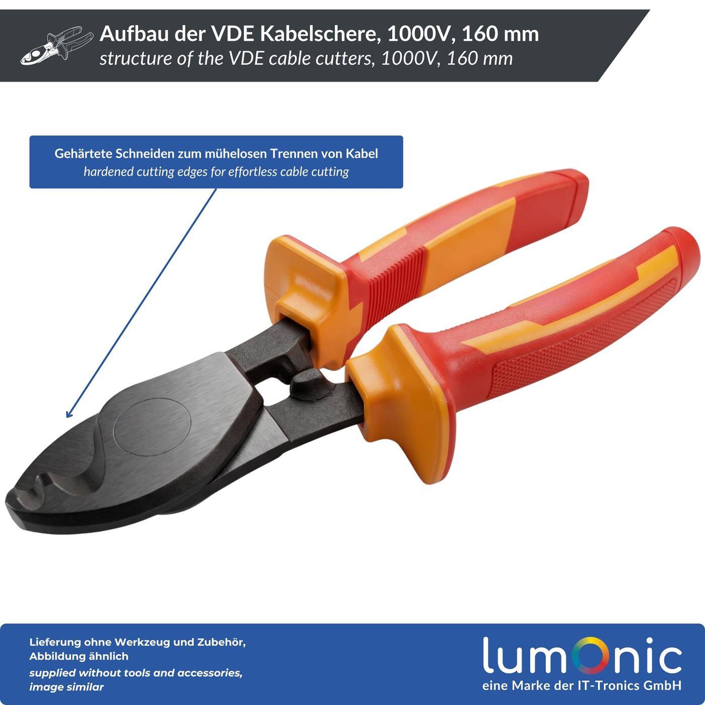 Lumonic VDE Cable Cutters 1000V, up to 22 mm², 160 mm - Hardened cutting edges, 60CrV steel, two-component handle, for supply cables in distribution systems and service connections