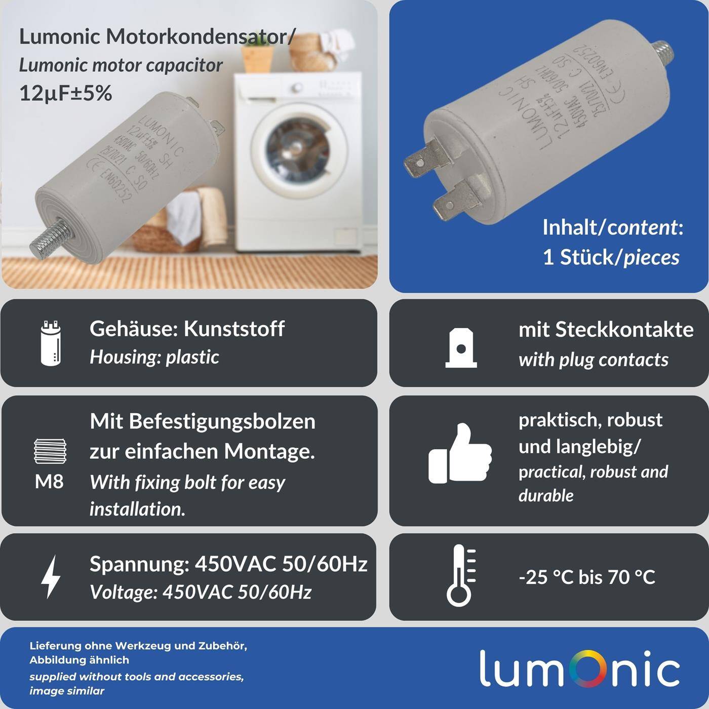 Lumonic Anlaufkondensator 12µF 450V | mit Stecker I 34x65mm I 12uF I Motorkondensator mit Kunststoffgehäuse I Betriebskondensator I für Pumpen, Rasenmäher, Werkzeuge
