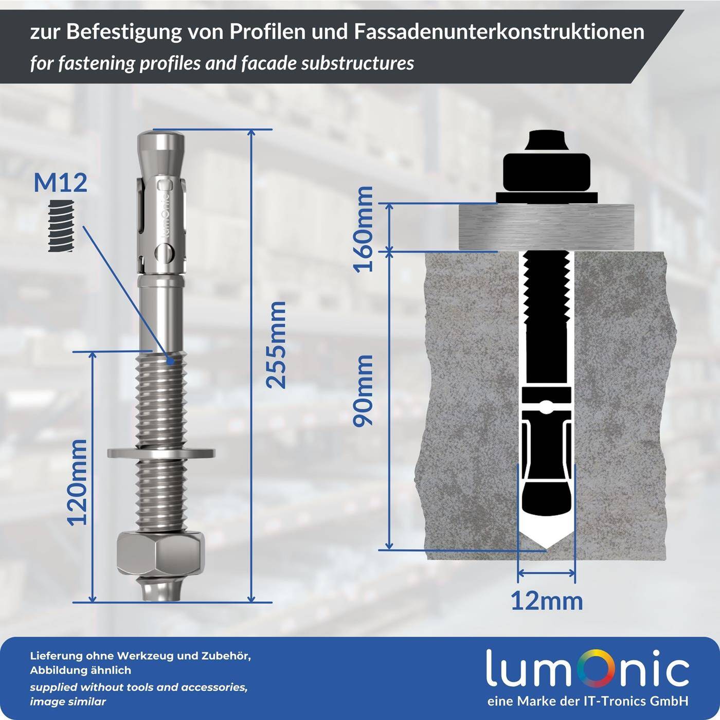 Lumonic Heavy Duty Anchor M12 x 255mm | High-quality galvanized wedge anchors | Push-through mounting, IMMEDIATELY LOADABLE | Concrete anchor, Heavy duty anchor | for canopies, Railing, Shelves, Partition walls