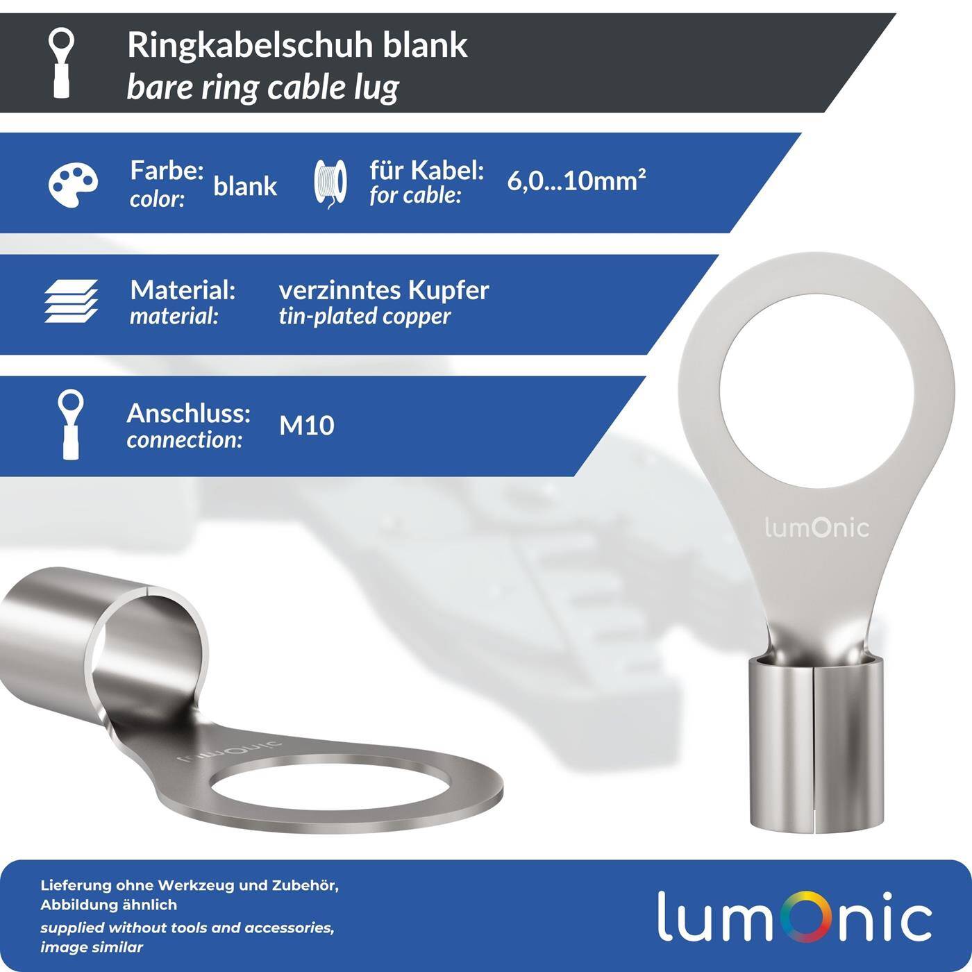 Lumonic 25x Ring cable lug 6,0-10,0mm² blank | M10 | Tinned copper | Secure cable connection without soldering | Crimp cable lug uninsulated | Motor vehicle, mechanical engineering, motorhome, battery