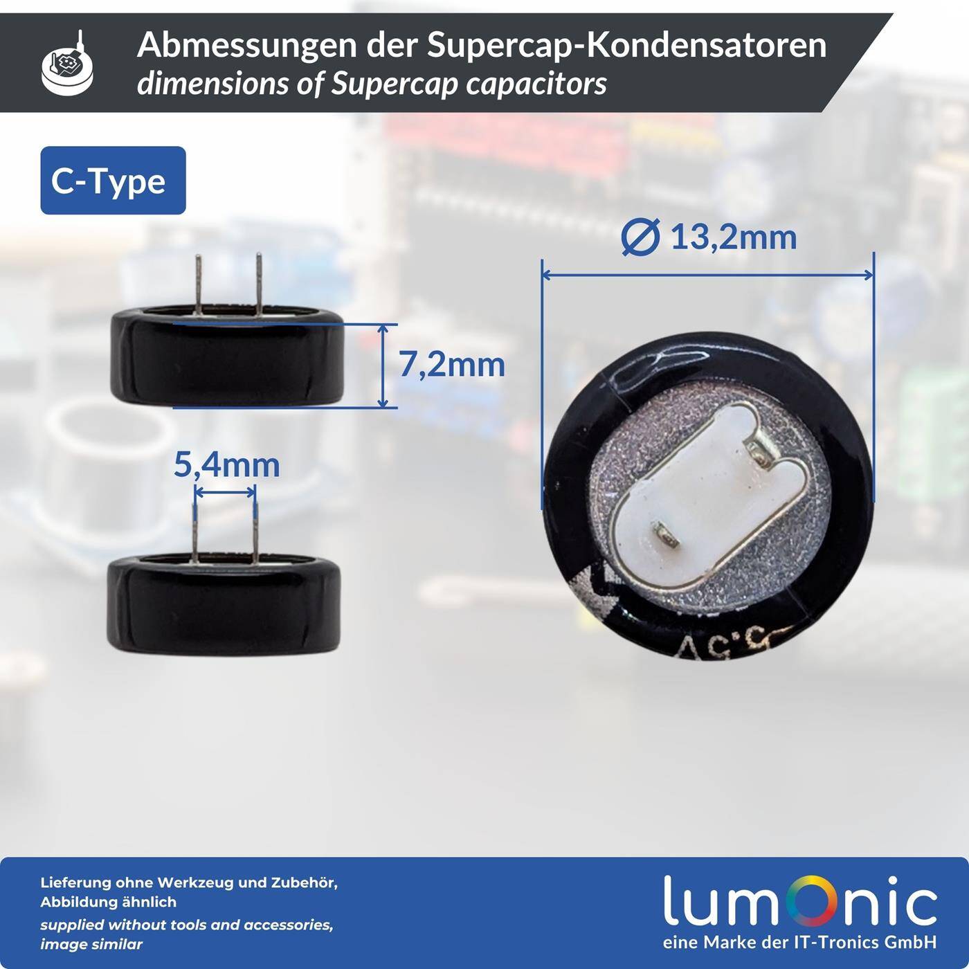 Supercap 0,1F 5,5V C-Type, EDLC for direct use, high capacity, 5.5V monoblock - no balancing necessary, flicker protection, backup, Arduino, PLC, heating