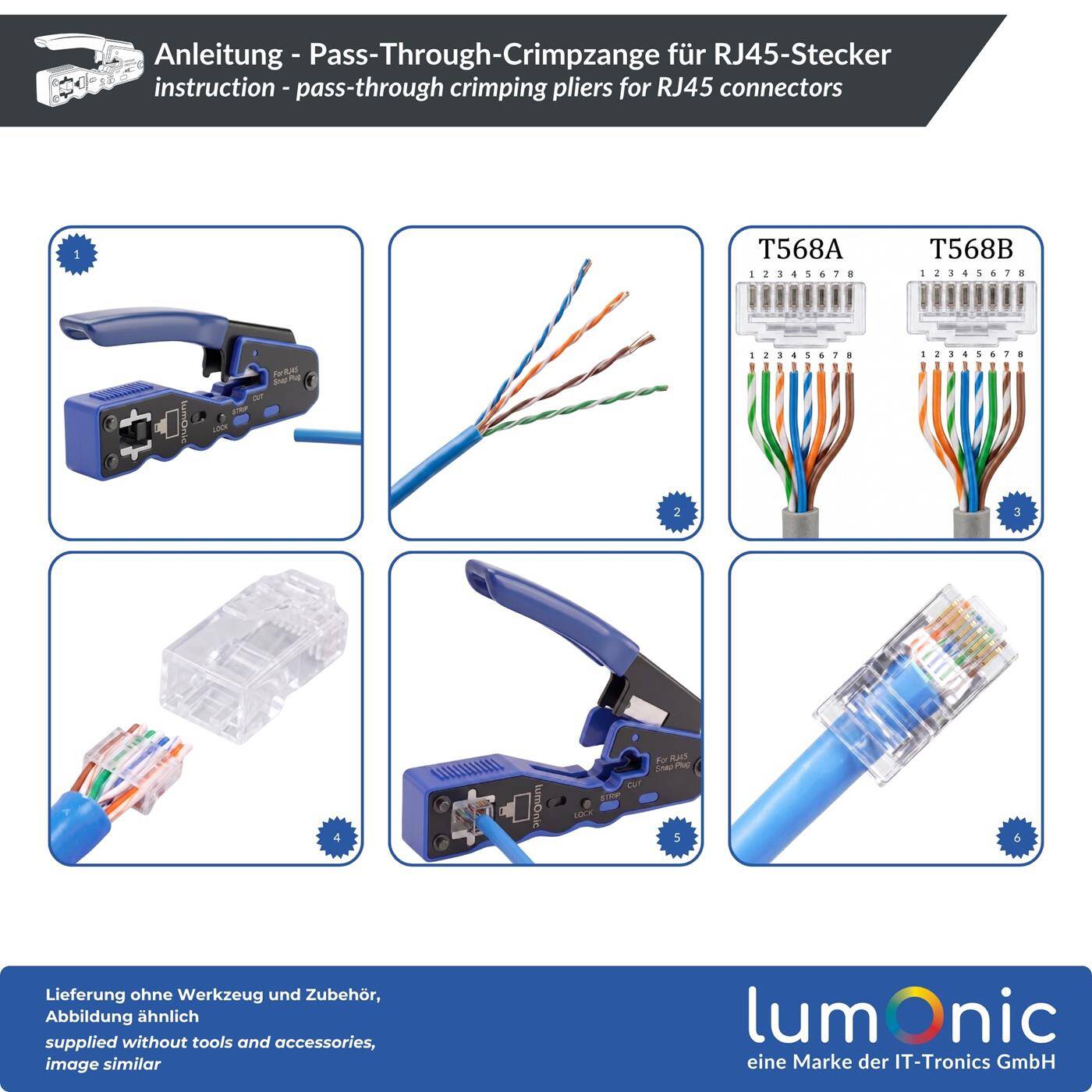 Lumonic Pass-Through Crimping Pliers for RJ45 Connectors - for pass-through connectors, metal body, crimping and front-end cutting in a single operation, all CAT classes