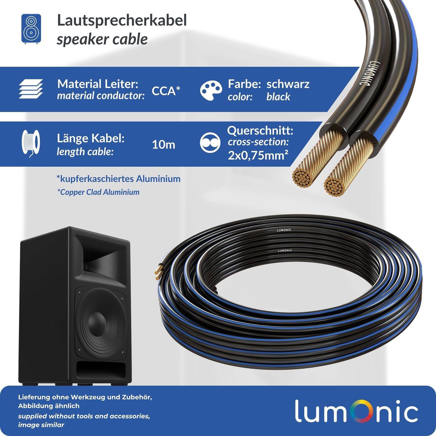 Lumonic Speaker cables | 10m Black | 2x 0,75mm² CCA | Blue marking HiFi speaker cable | Audio twin line