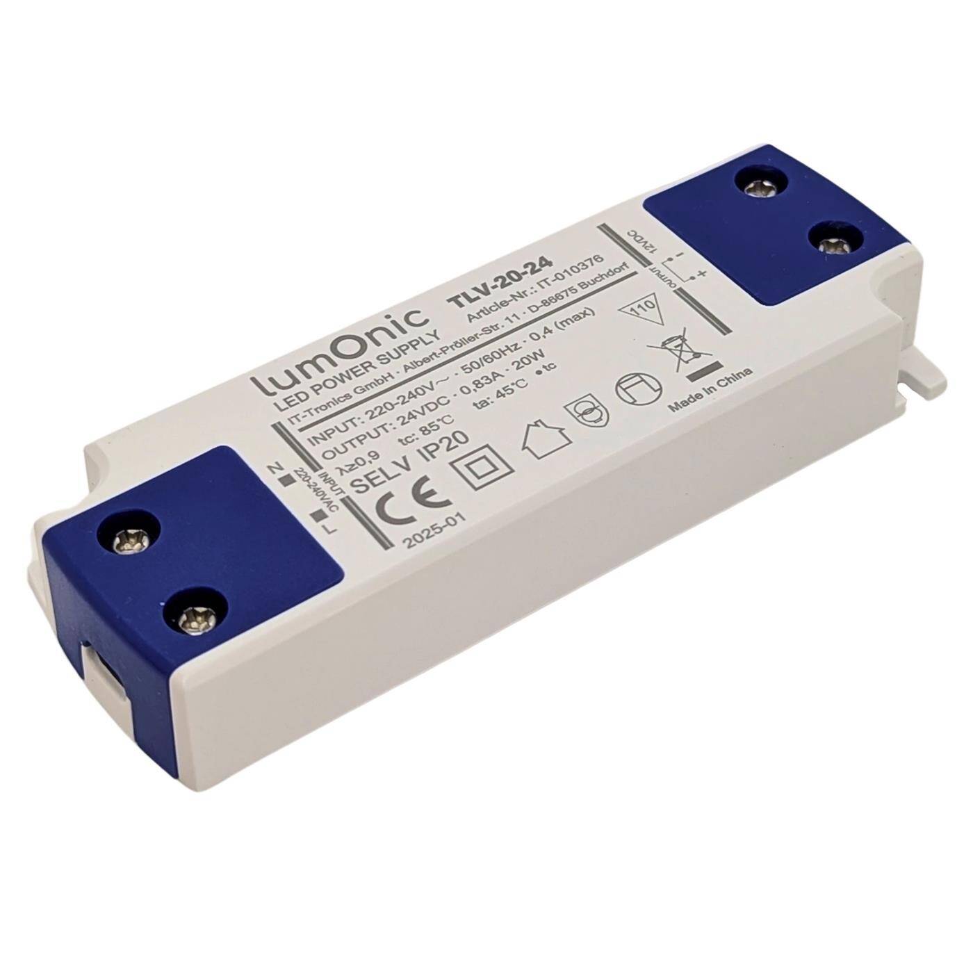 Lumonic I LED transformer TLV-20-24 I 24V 20W I Input 220-240VAC I flicker-free I Overload protection I LED power supply unit I for LED lighting