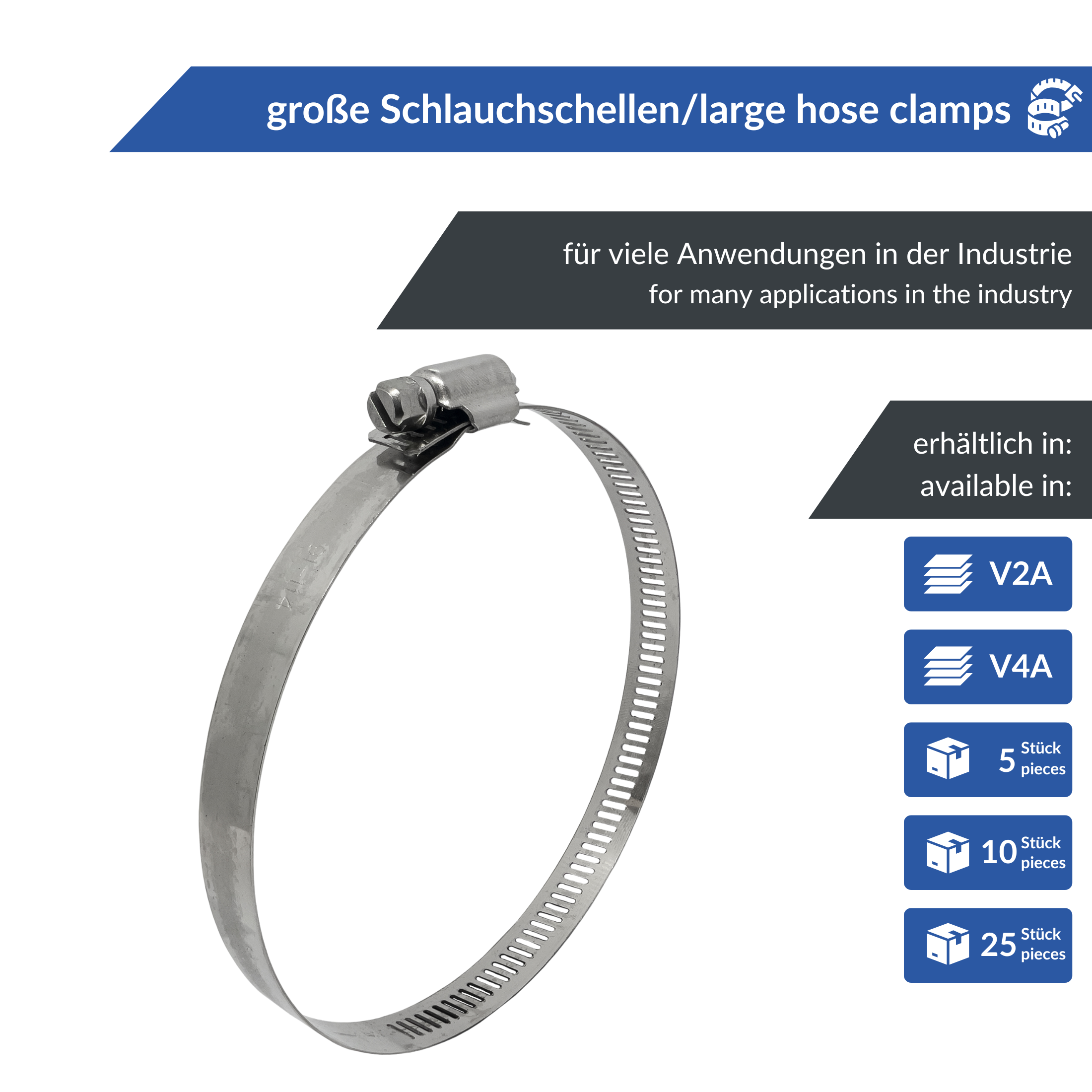 Abbildung einer großen Schlauchschelle aus Metall mit Schraubmechanismus an der Oberseite, vor weißem Hintergrund. Text in Deutsch und Englisch beschreibt die industrielle Verwendung, erhältlich in den Materialien V2A und V4A, verkauft in Mengen von 5, 10