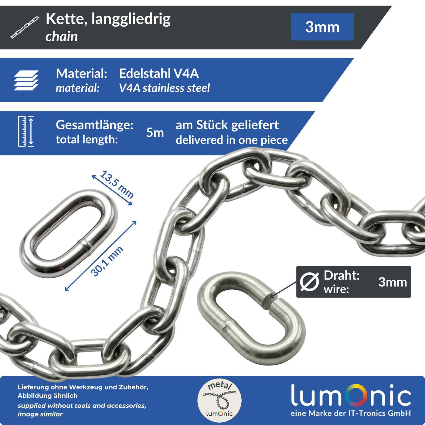 Lumonic 5m Chain V4A stainless steel | 3mm | Long-limbed | Stainless + seawater resistant | Rain chain, hanging basket, barrier chain