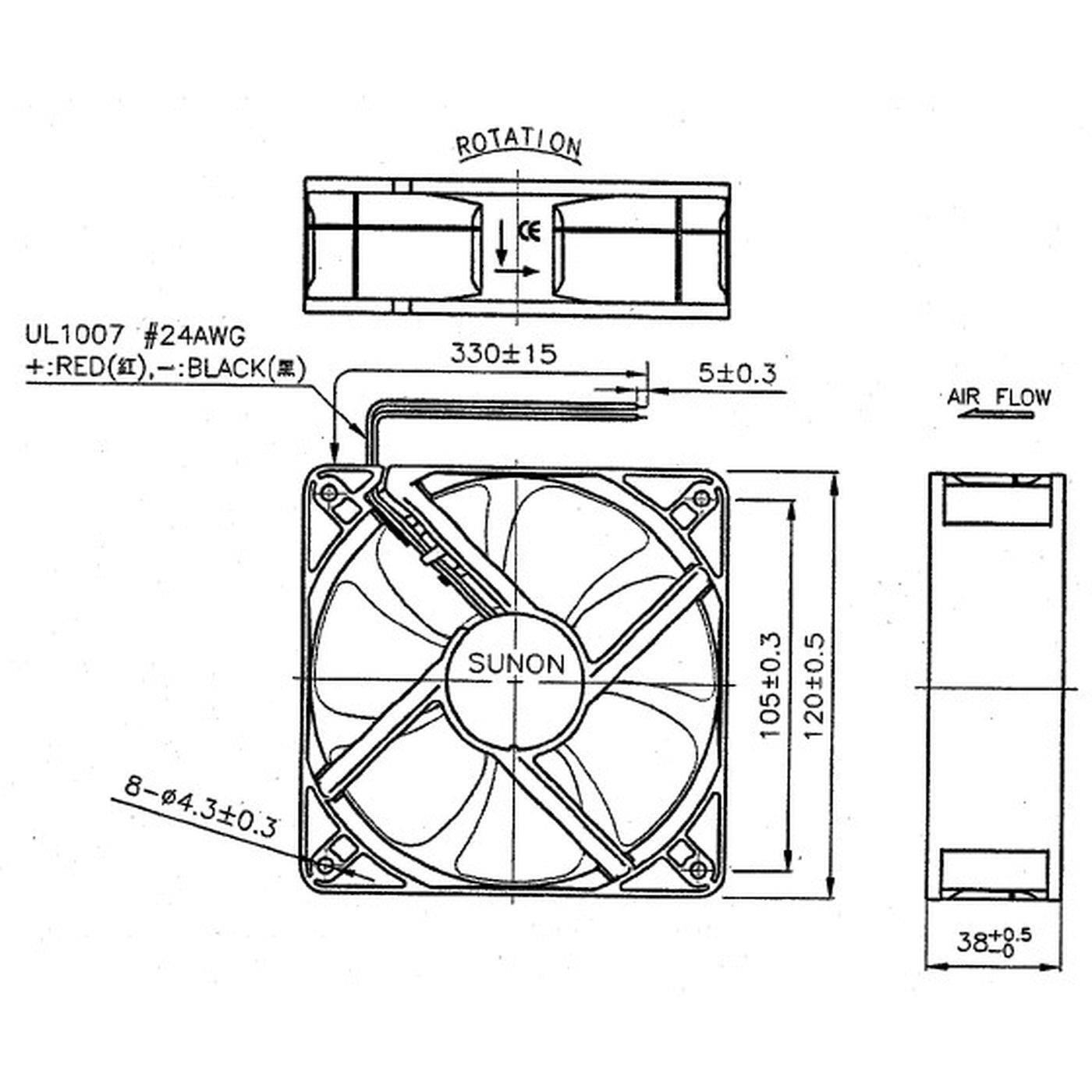 Fan 24V DC 10W 120x120x38mm 234,4m³/h 3100U/Min 234,4m³/h Sunon MEC0382V1-A99