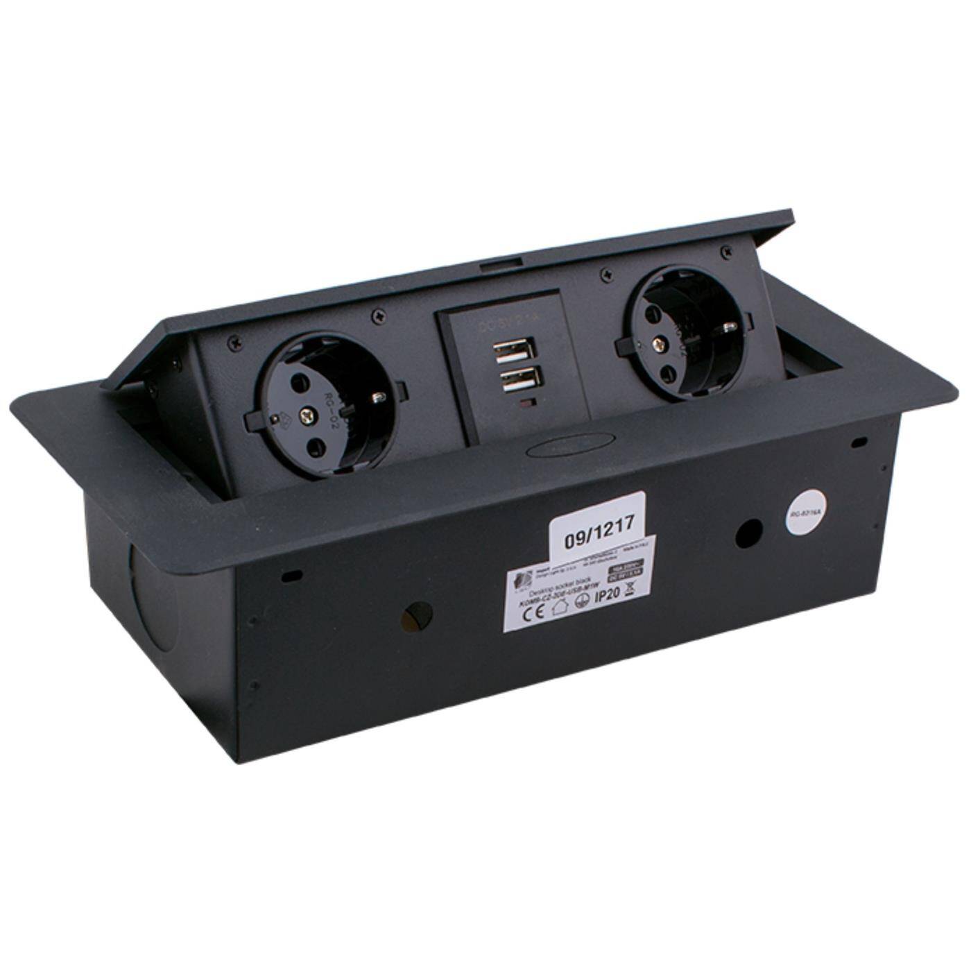 KombiBox 2x Protective contact Socket outlet + 2x USB 2,4A Table socket outlet Hinged cover black