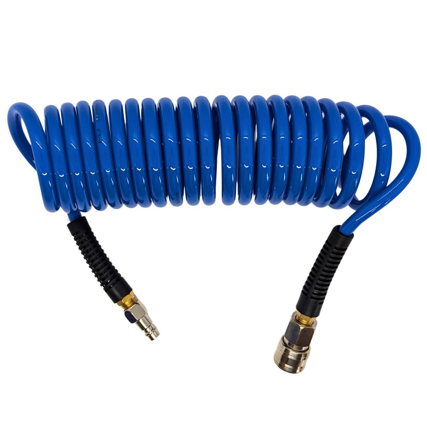 PU Spiralschlauch Premium mit Schnellkupplung 6,5mm/10mm 5m für Kompressoren und Druckluftwerkzeuge flexibel, abriebfest Druckluftverlängerung Dose & Stecker