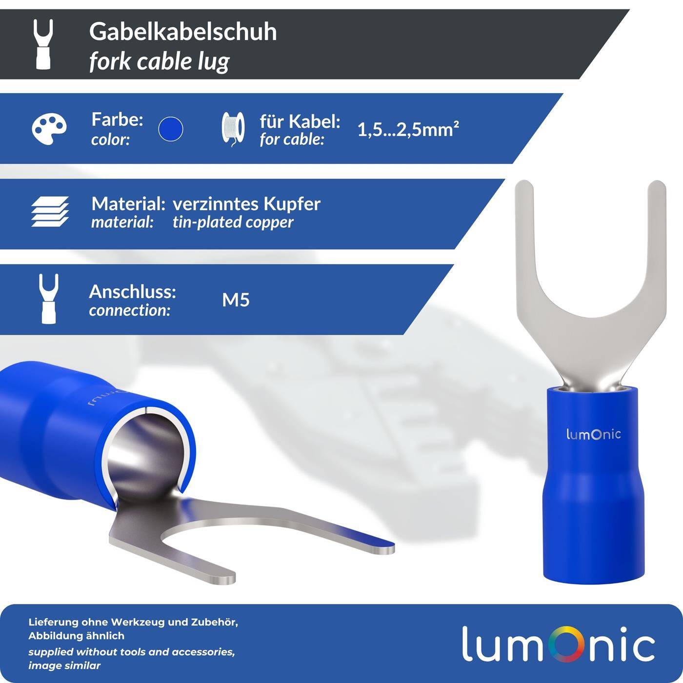 Lumonic 25x Forked cable lug 1,5-2,5mm² Partially insulated | M5 | Tinned copper | Secure cable connection without soldering | Set of 25 crimp cable lugs, crimp connectors | Motor vehicle, mechanical engineering, motorhome, battery