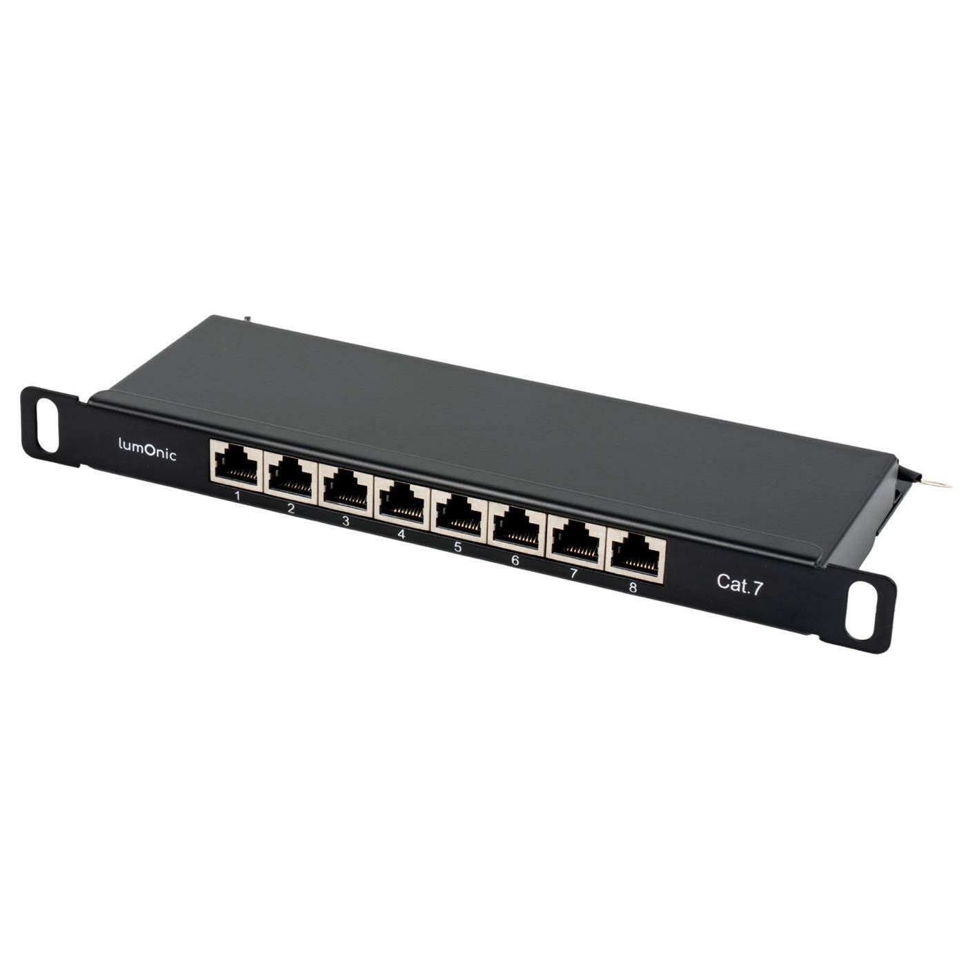 Lumonic 10" Patchpanel CAT7 | 8 Port, platzsparende 0,5HE | LSA-Montage, T568A/B farbcodiert | Rackmontage | geschirmtes, schwarzes Patchfeld | Kabelmanagement | 10 Gbit/s PoE